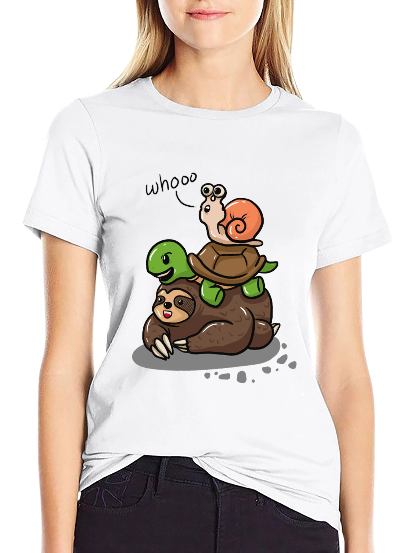 Animal Stack Tee: Sloth Turtle Snail Cartoon T-Shirt