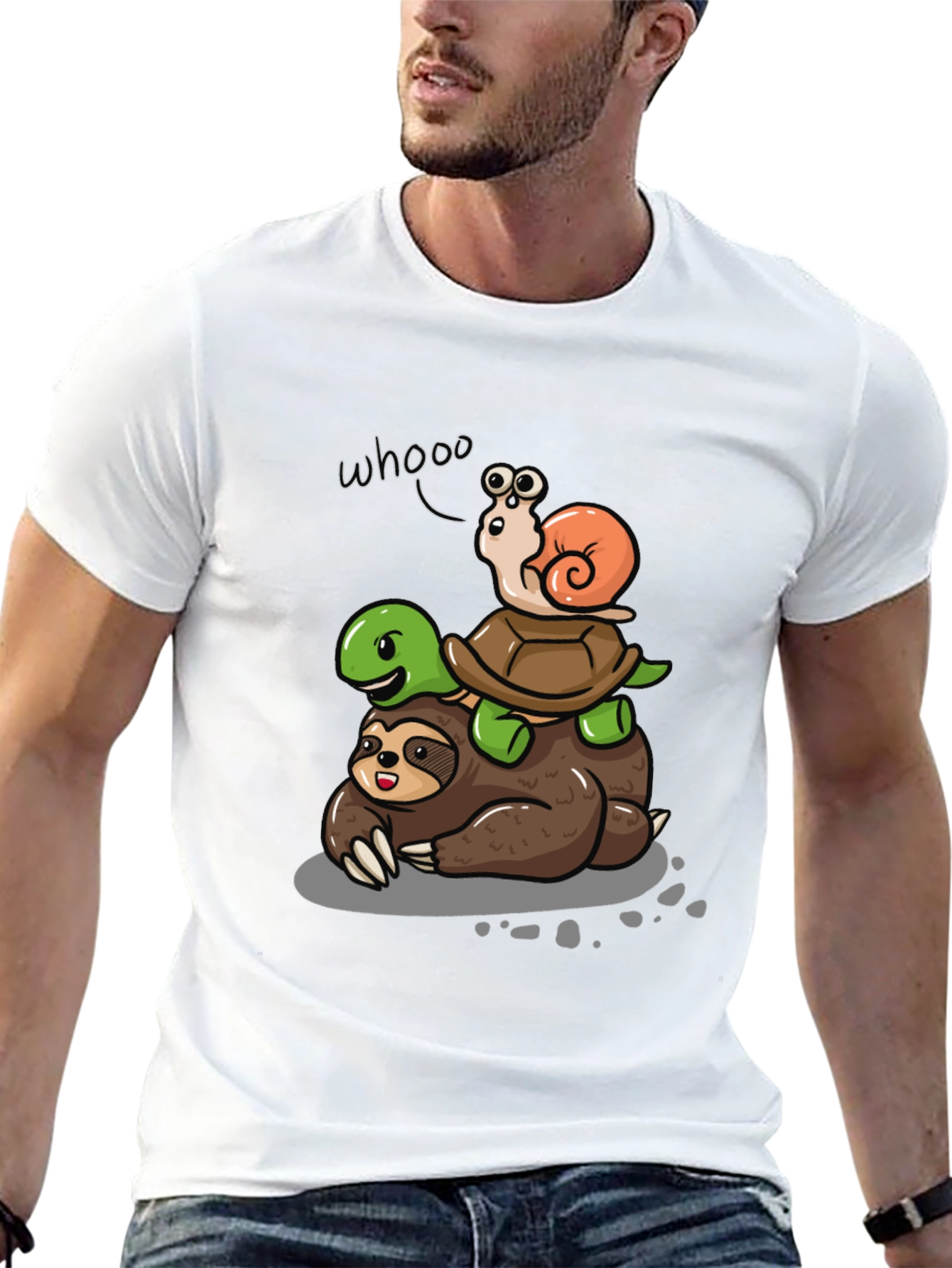Animal Stack Tee: Sloth Turtle Snail Cartoon T-Shirt