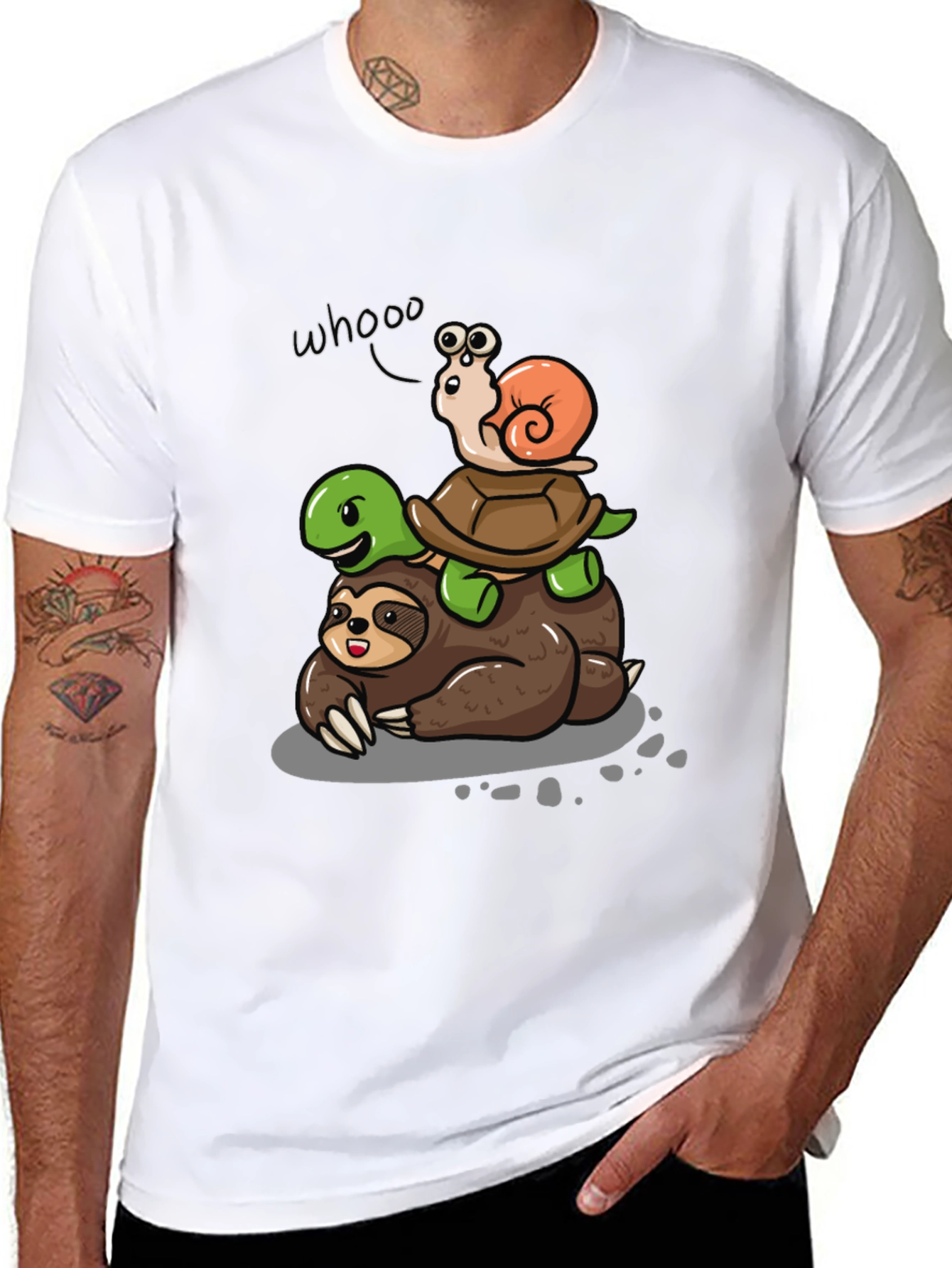 Animal Stack Tee: Sloth Turtle Snail Cartoon T-Shirt