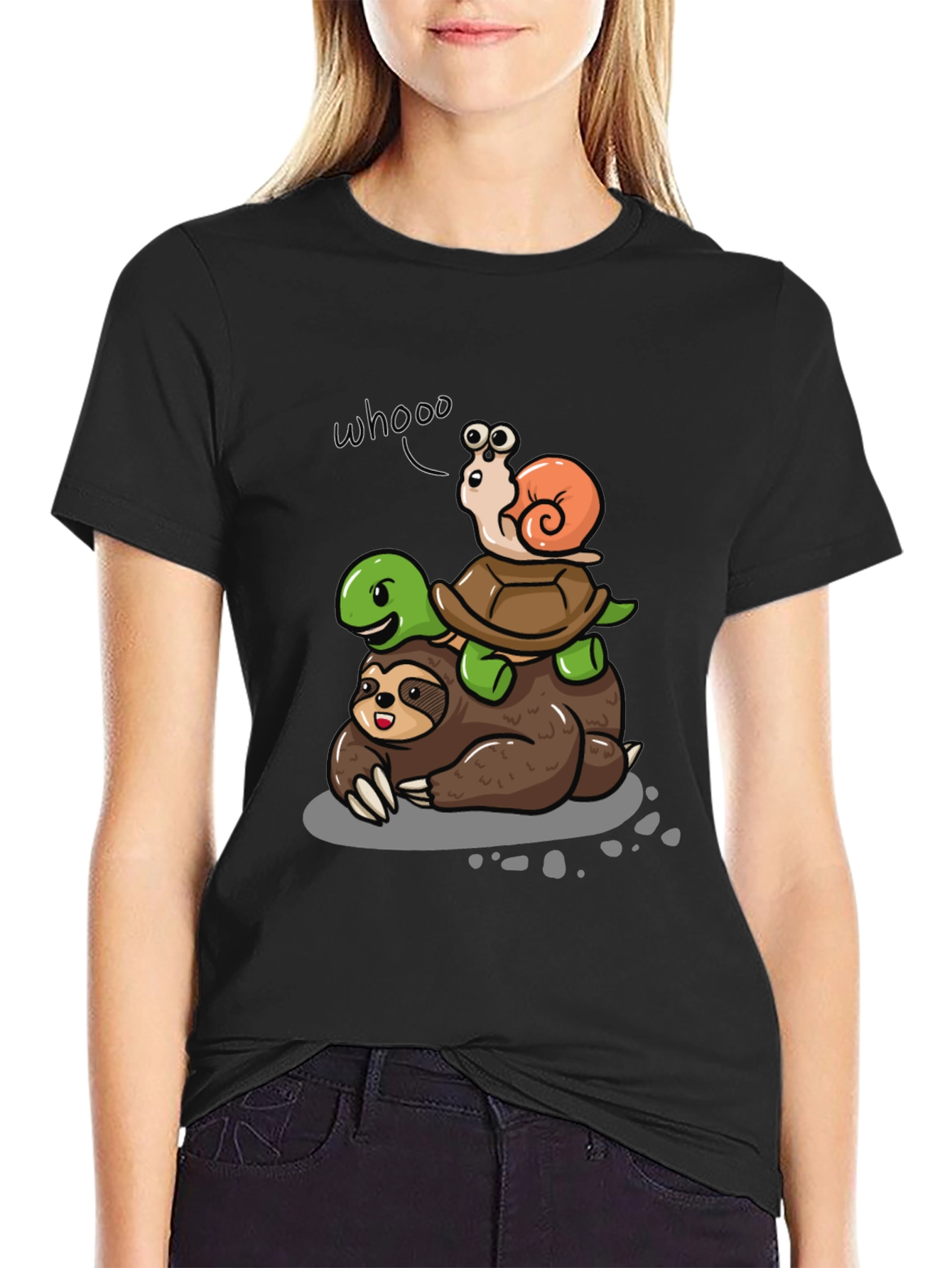 Animal Stack Tee: Sloth Turtle Snail Cartoon T-Shirt