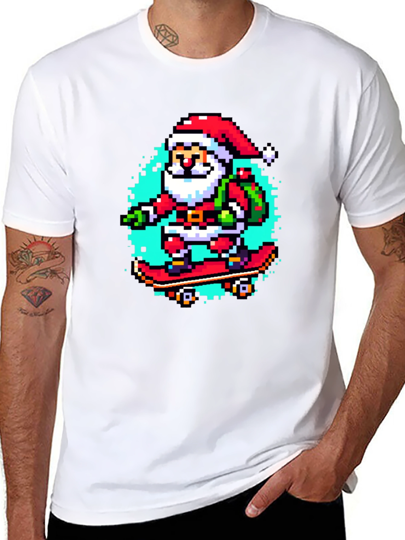 Skateboarding Santa Pixel Art Tee