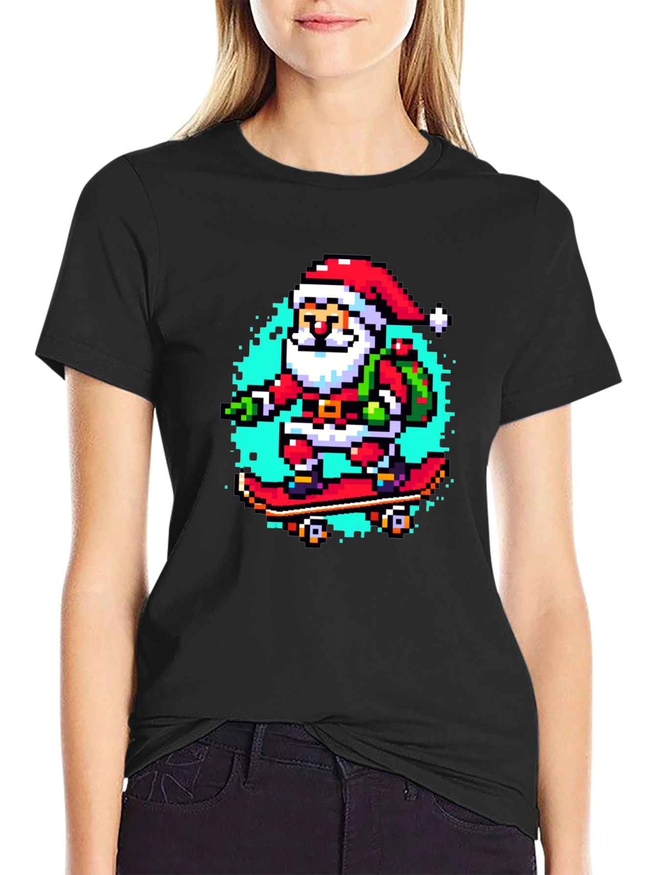 Skateboarding Santa Pixel Art Tee