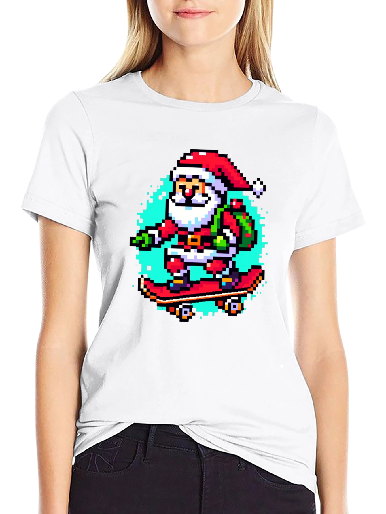 Skateboarding Santa Pixel Art Tee