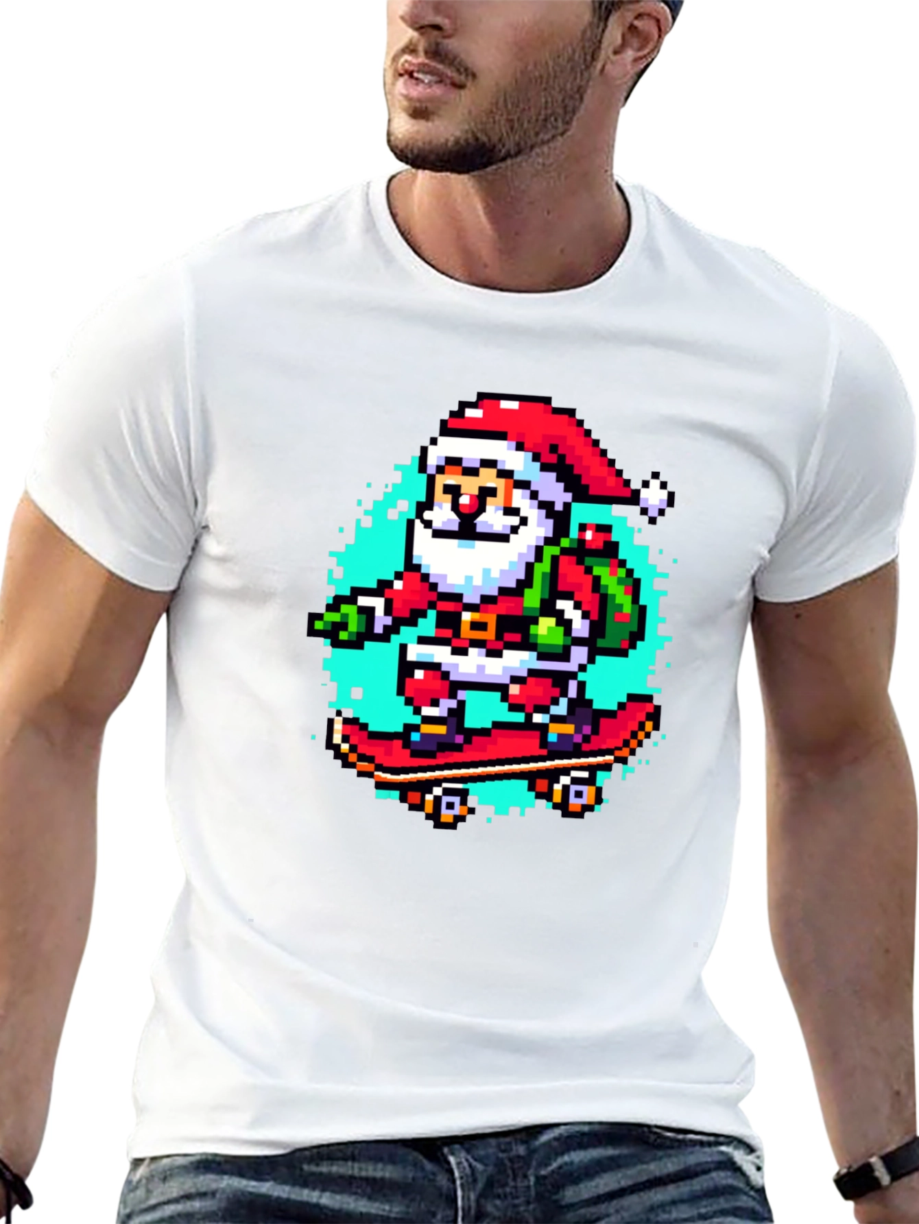 Skateboarding Santa Pixel Art Tee