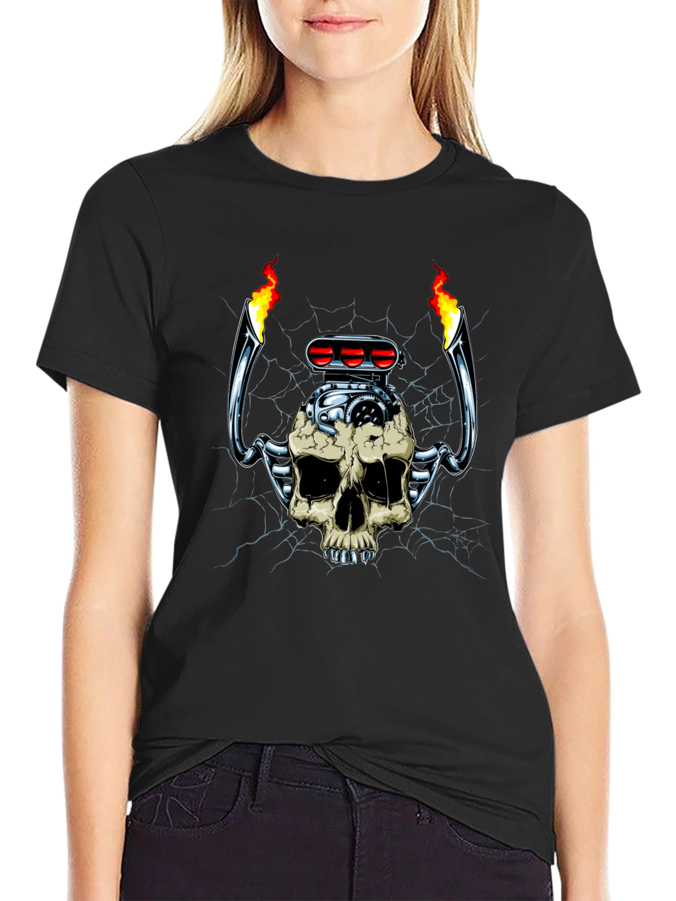 Skull Engine T-Shirt: Flaming Hot Rod Style