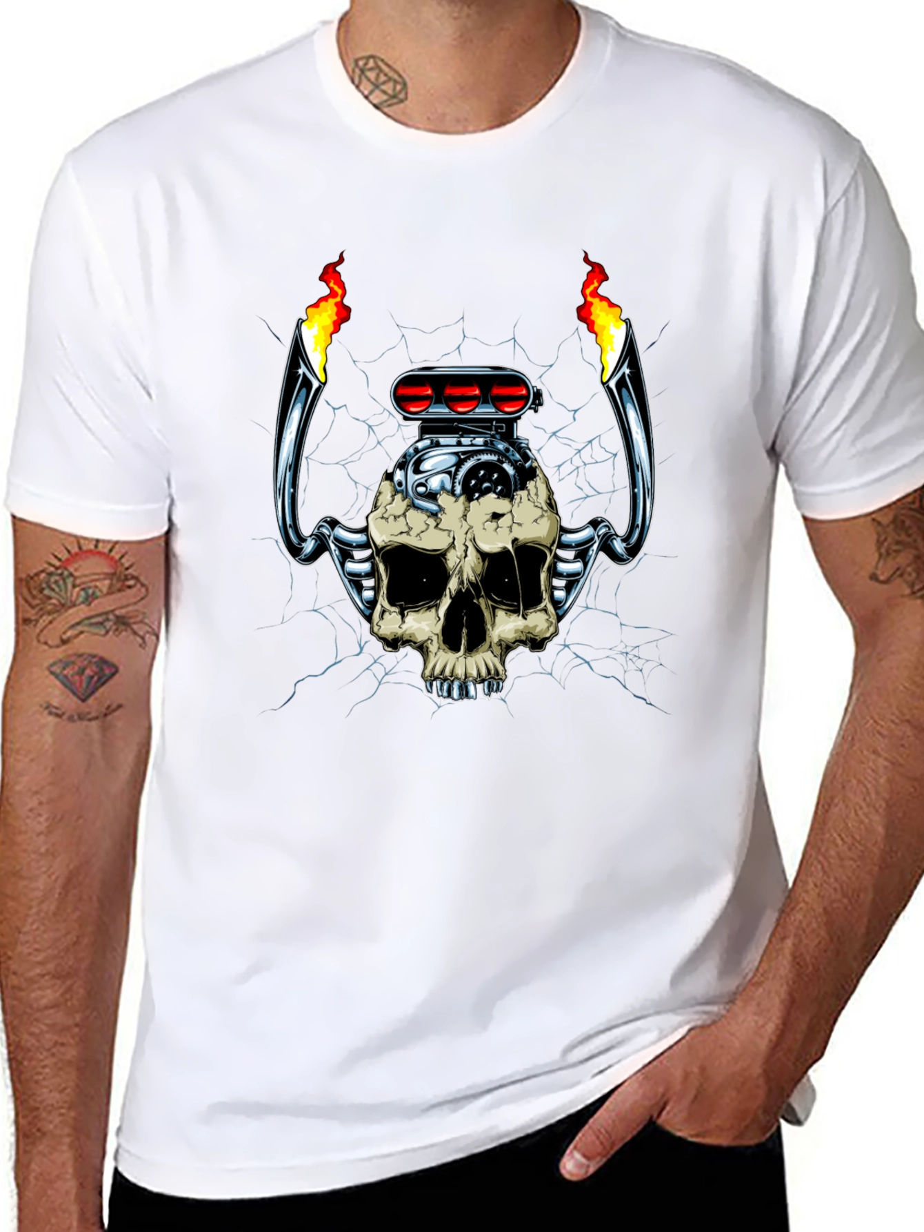 Skull Engine T-Shirt: Flaming Hot Rod Style