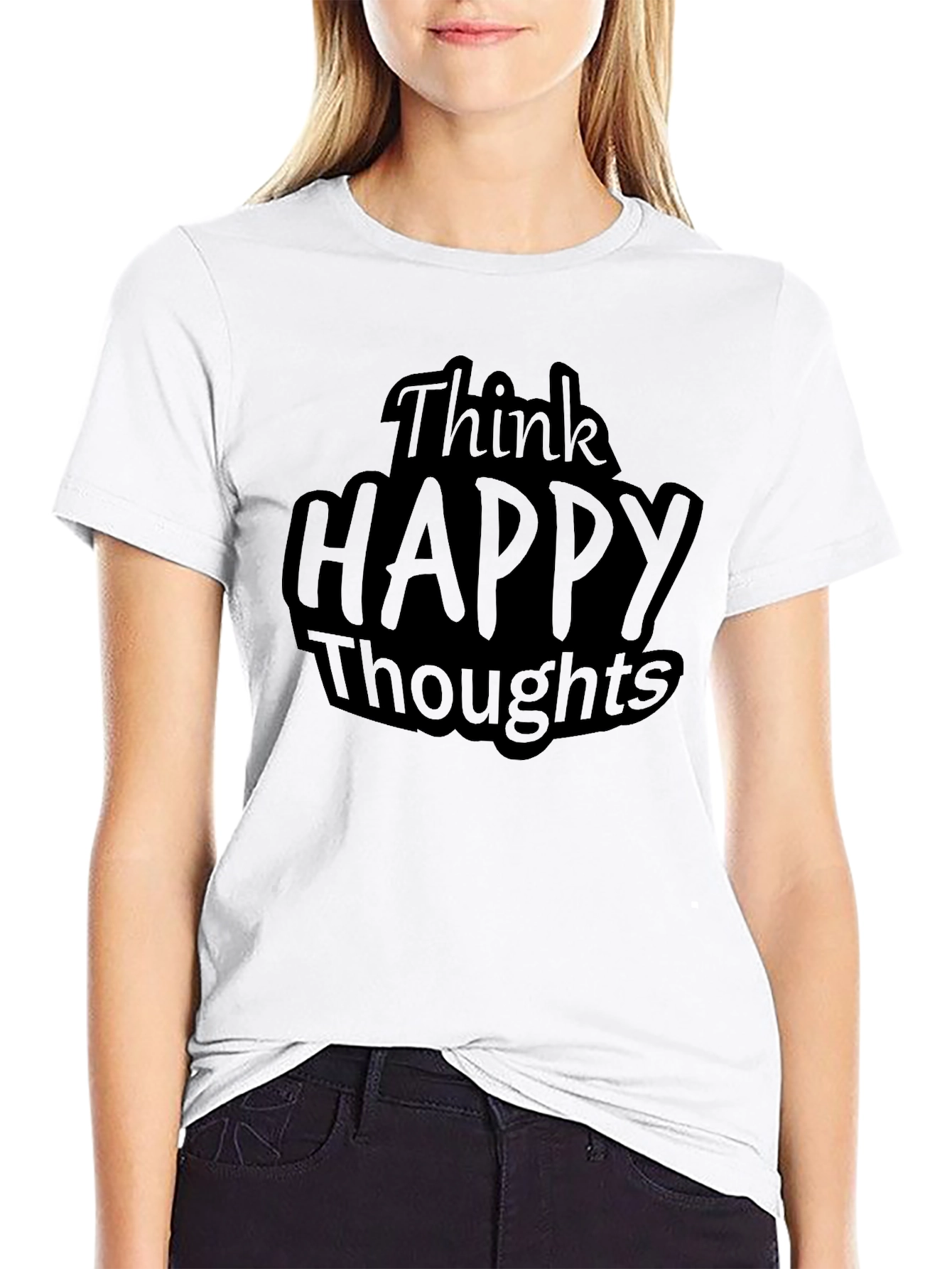 Think Happy Thoughts T-Shirt - Black Crew Neck