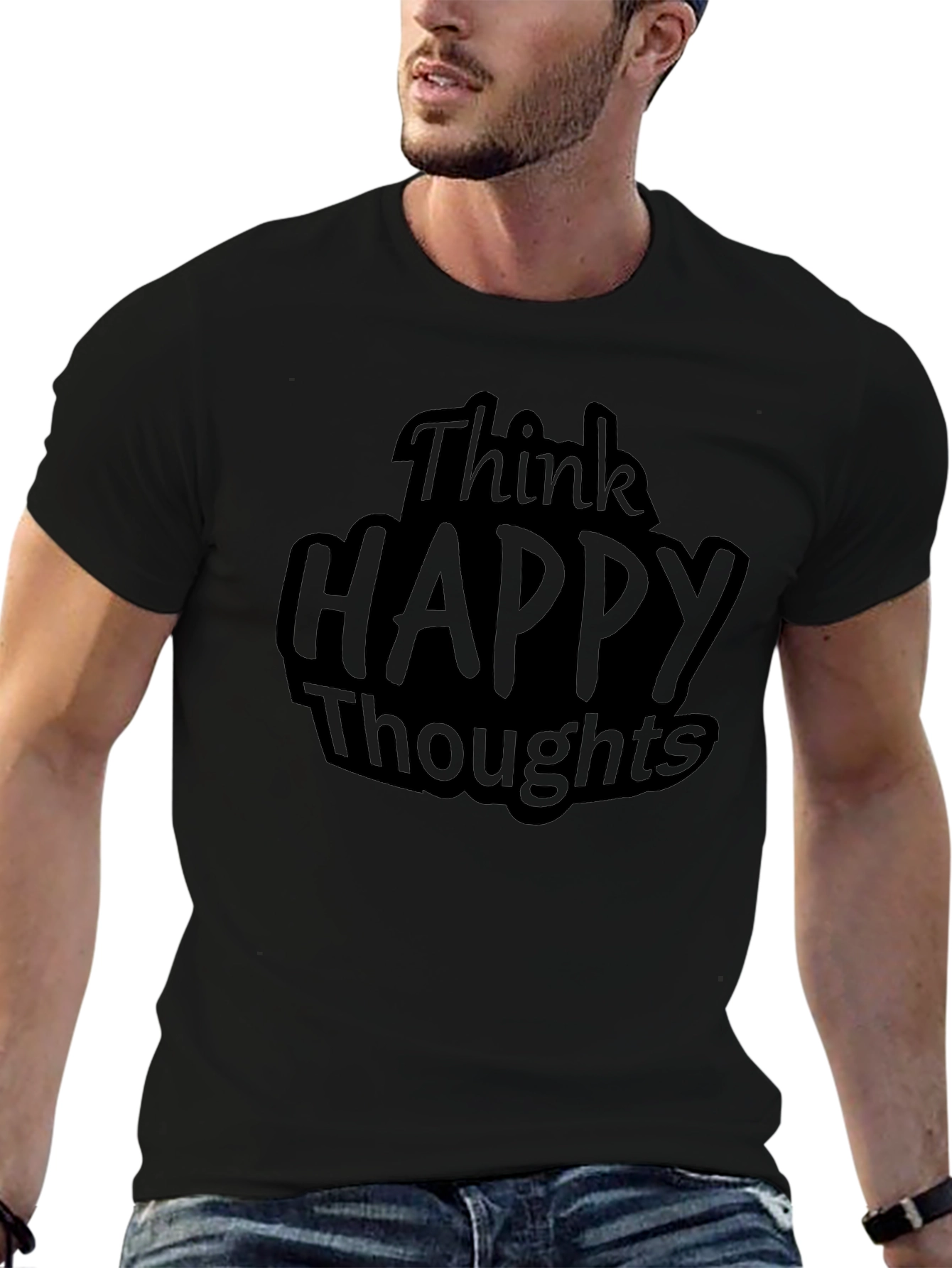 Think Happy Thoughts T-Shirt - Black Crew Neck