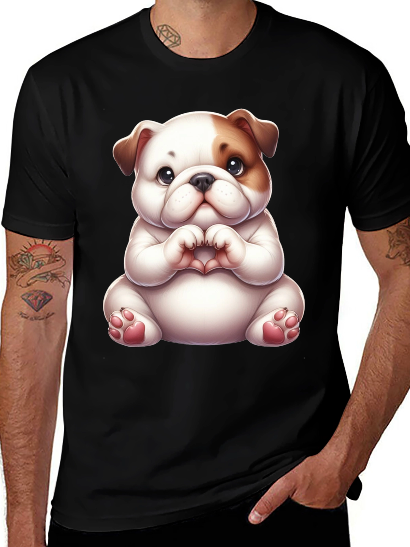 Cute Bulldog Heart Hands Black T-Shirt