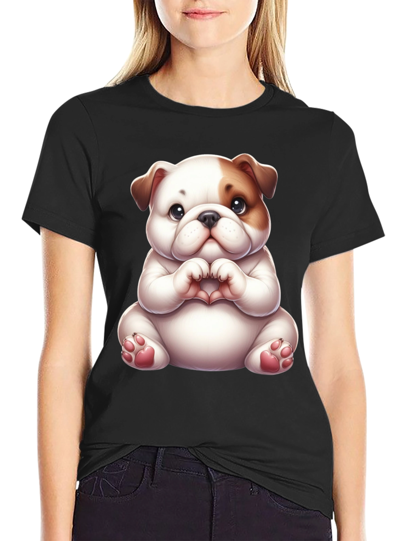 Cute Bulldog Heart Hands Black T-Shirt