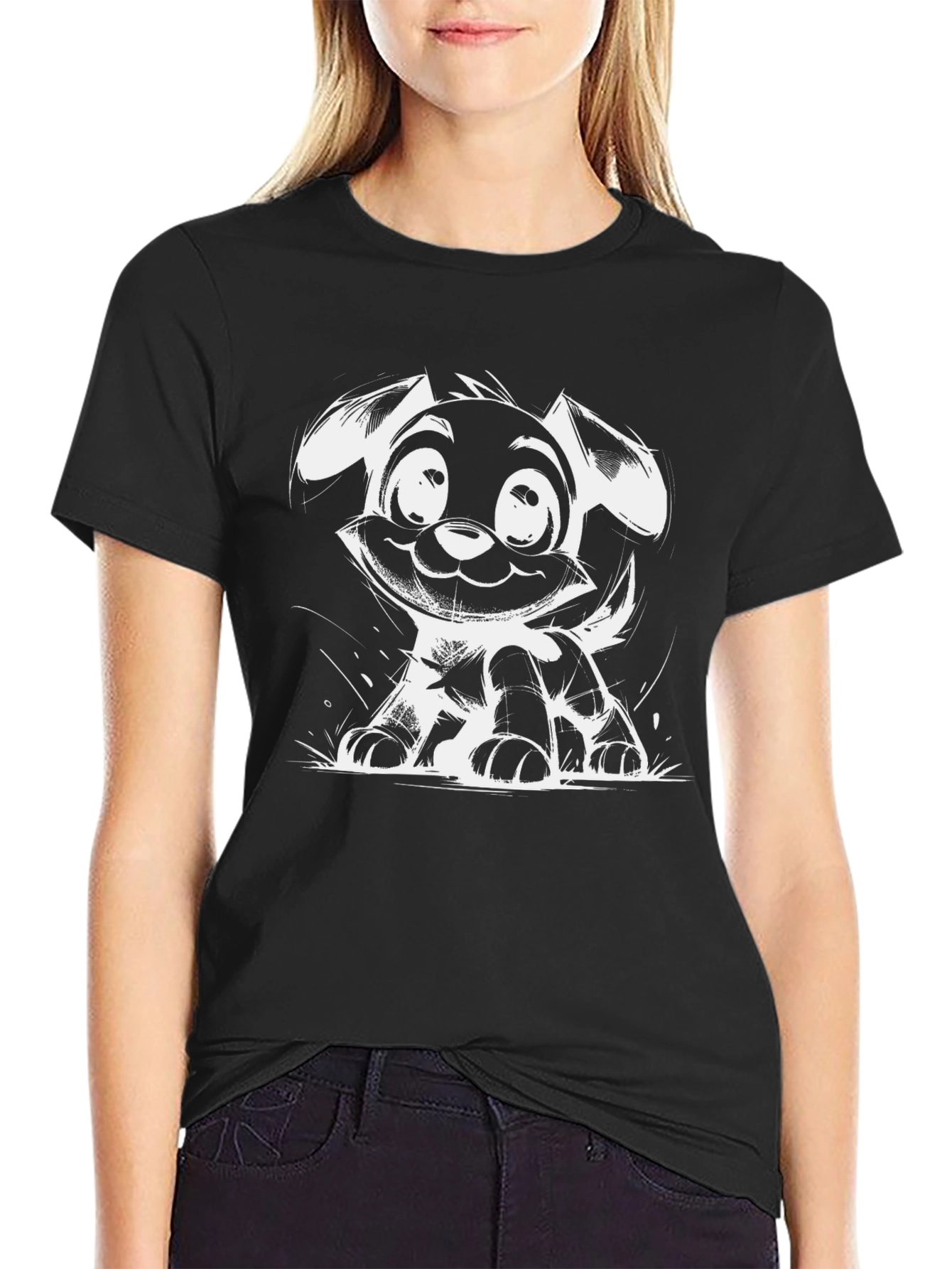 Cartoon Dog Graphic Black T-Shirt