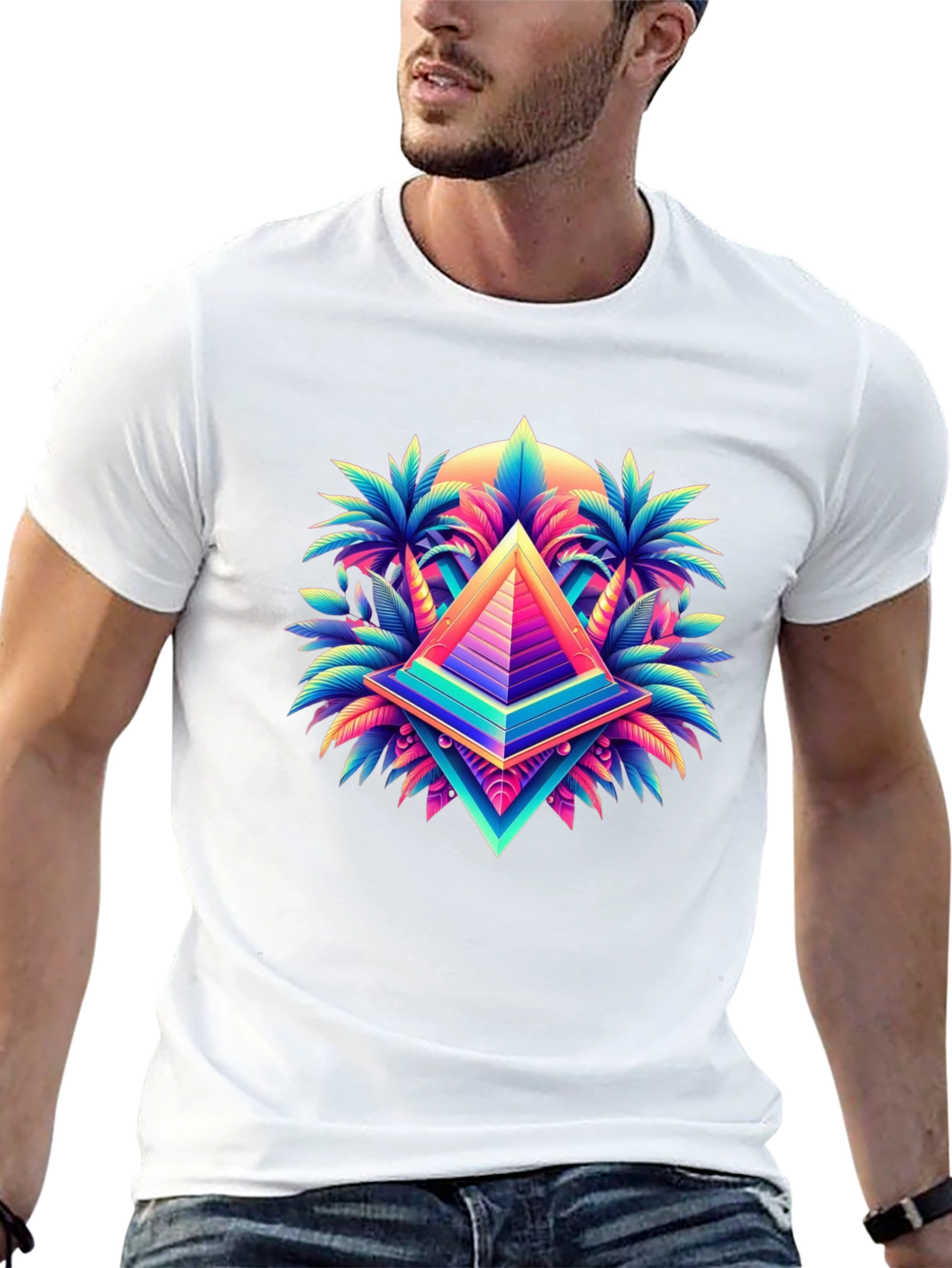 Vaporwave Pyramid Palm Tree Graphic T-Shirt