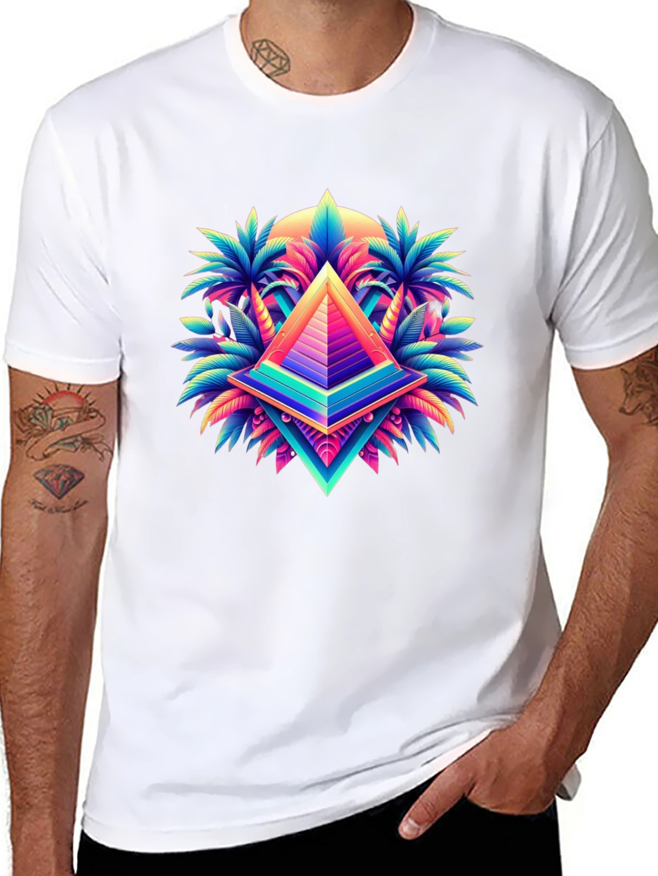 Vaporwave Pyramid Palm Tree Graphic T-Shirt