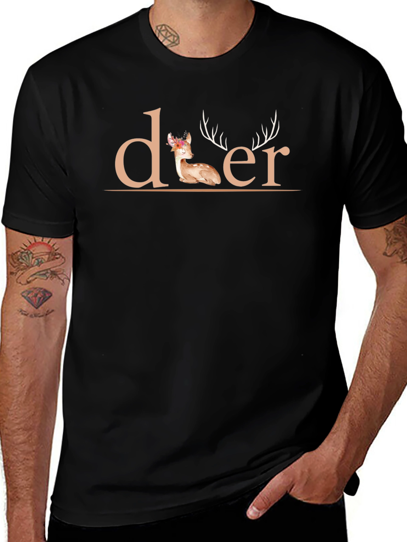Deer Graphic Print Black T-Shirt