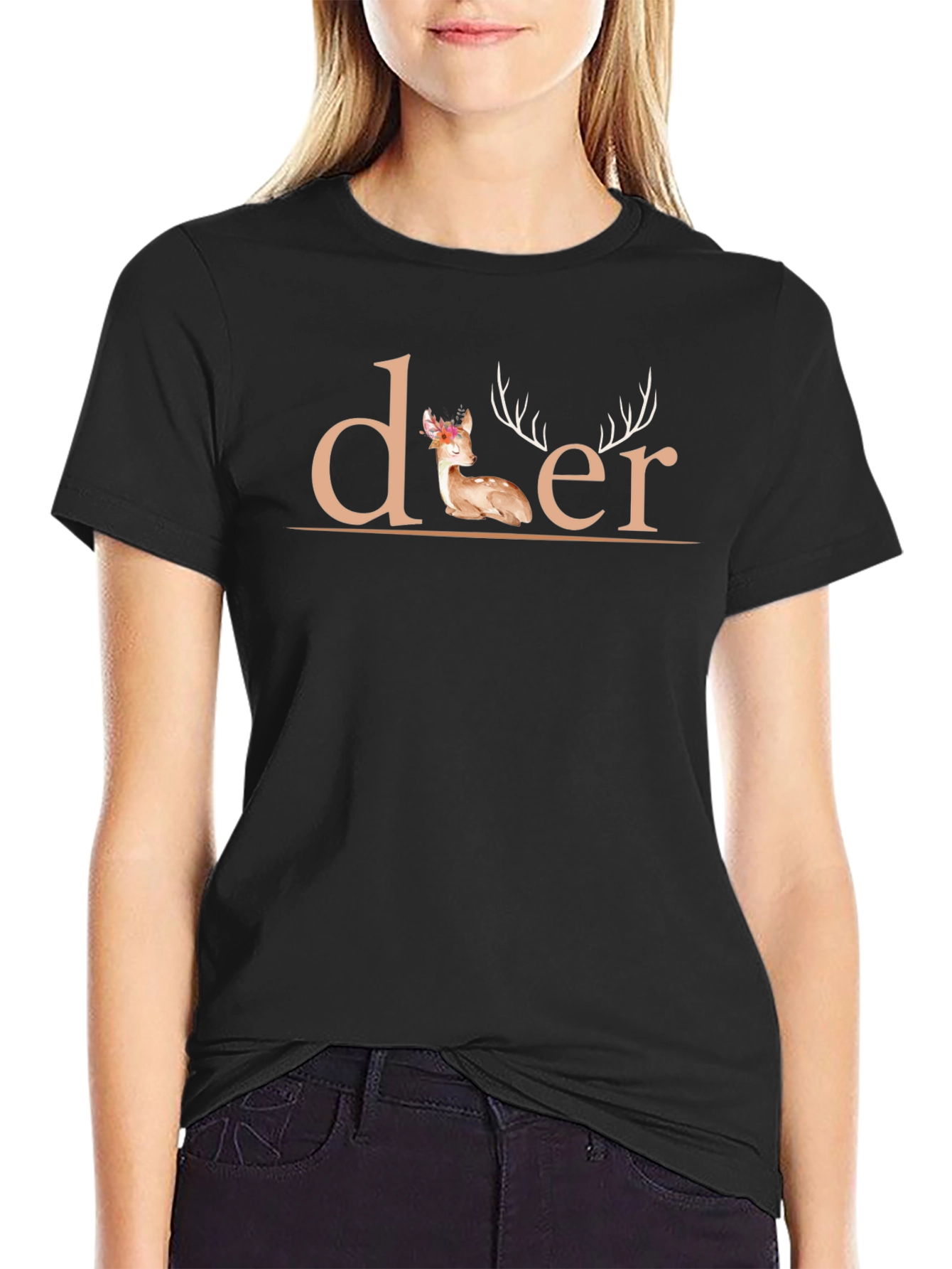 Deer Graphic Print Black T-Shirt