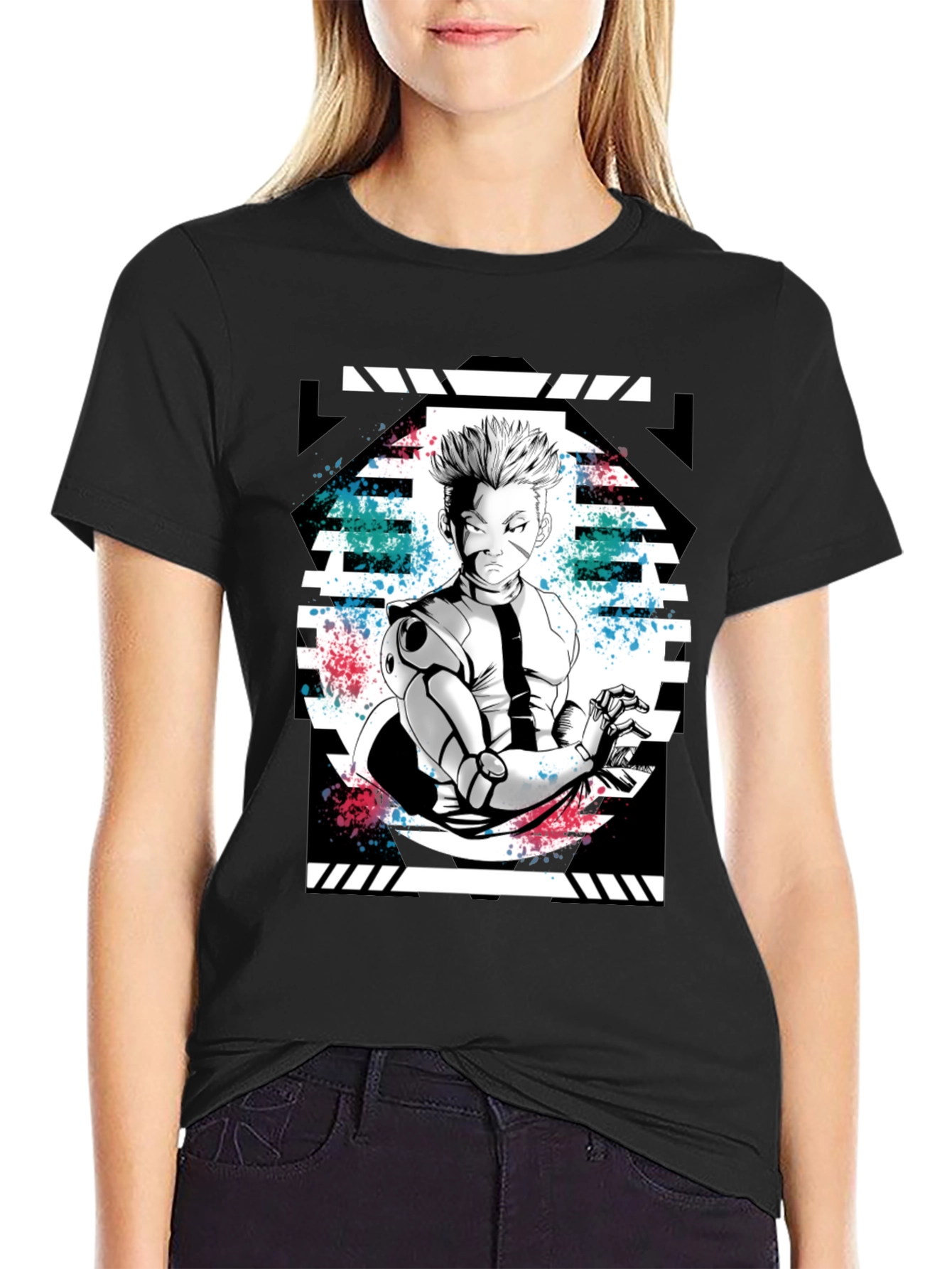 Anime Graphic Print Black T-Shirt