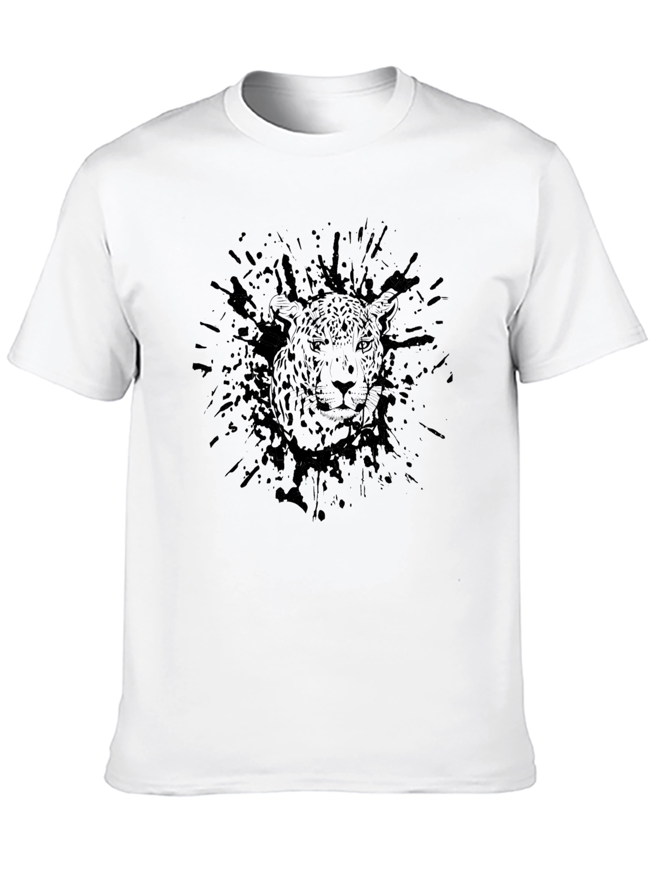 Mens Black Graphic Tee - Leopard Ink Splatter Design