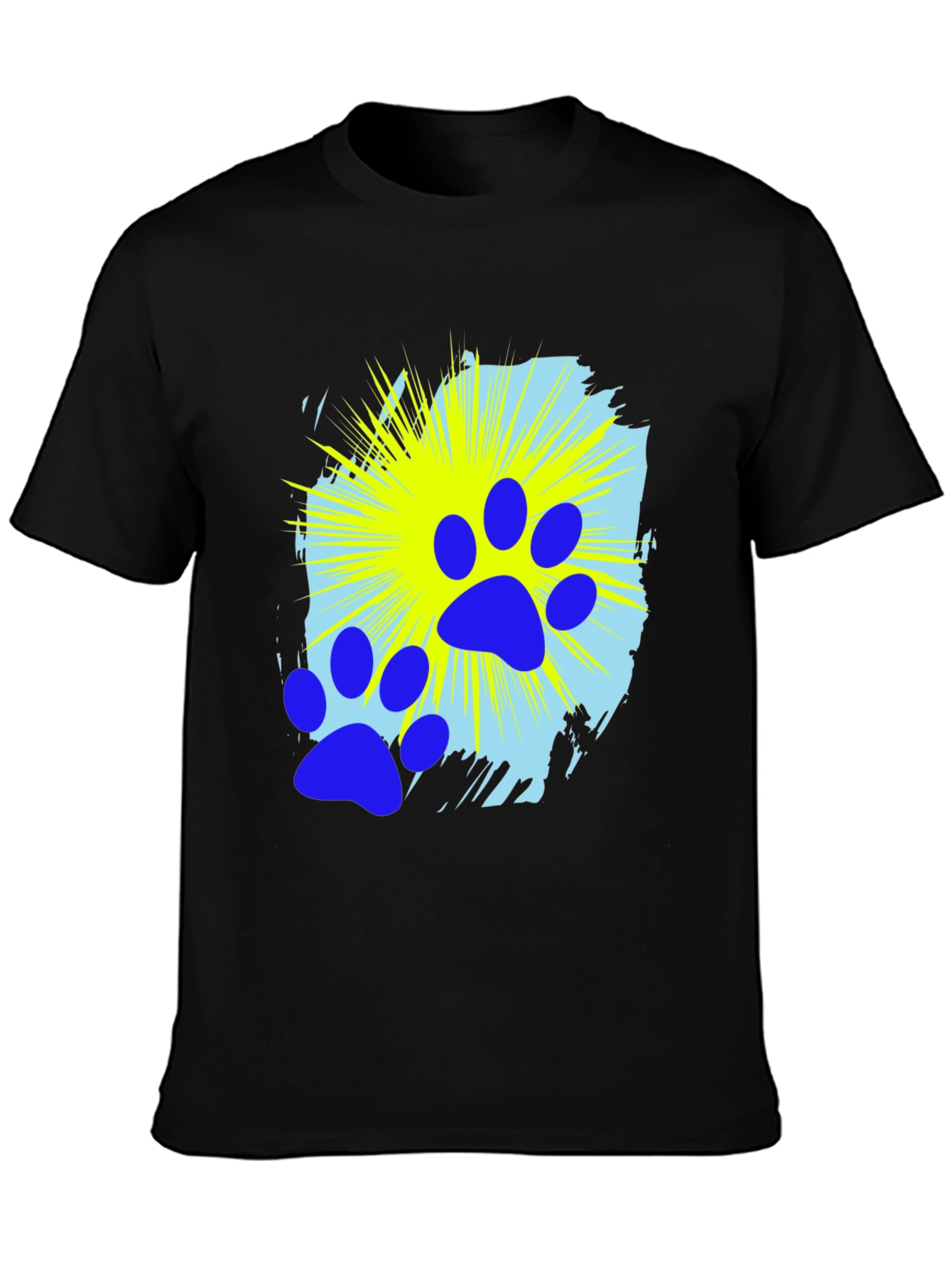 Blue Paw Print Graphic Black T-Shirt