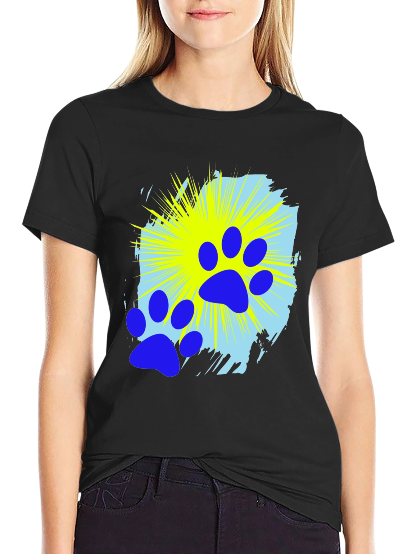 Blue Paw Print Graphic Black T-Shirt