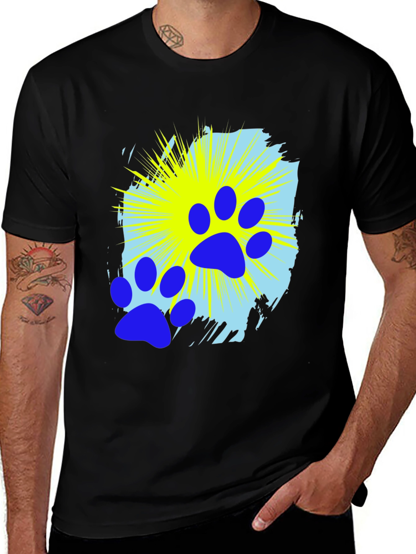 Blue Paw Print Graphic Black T-Shirt