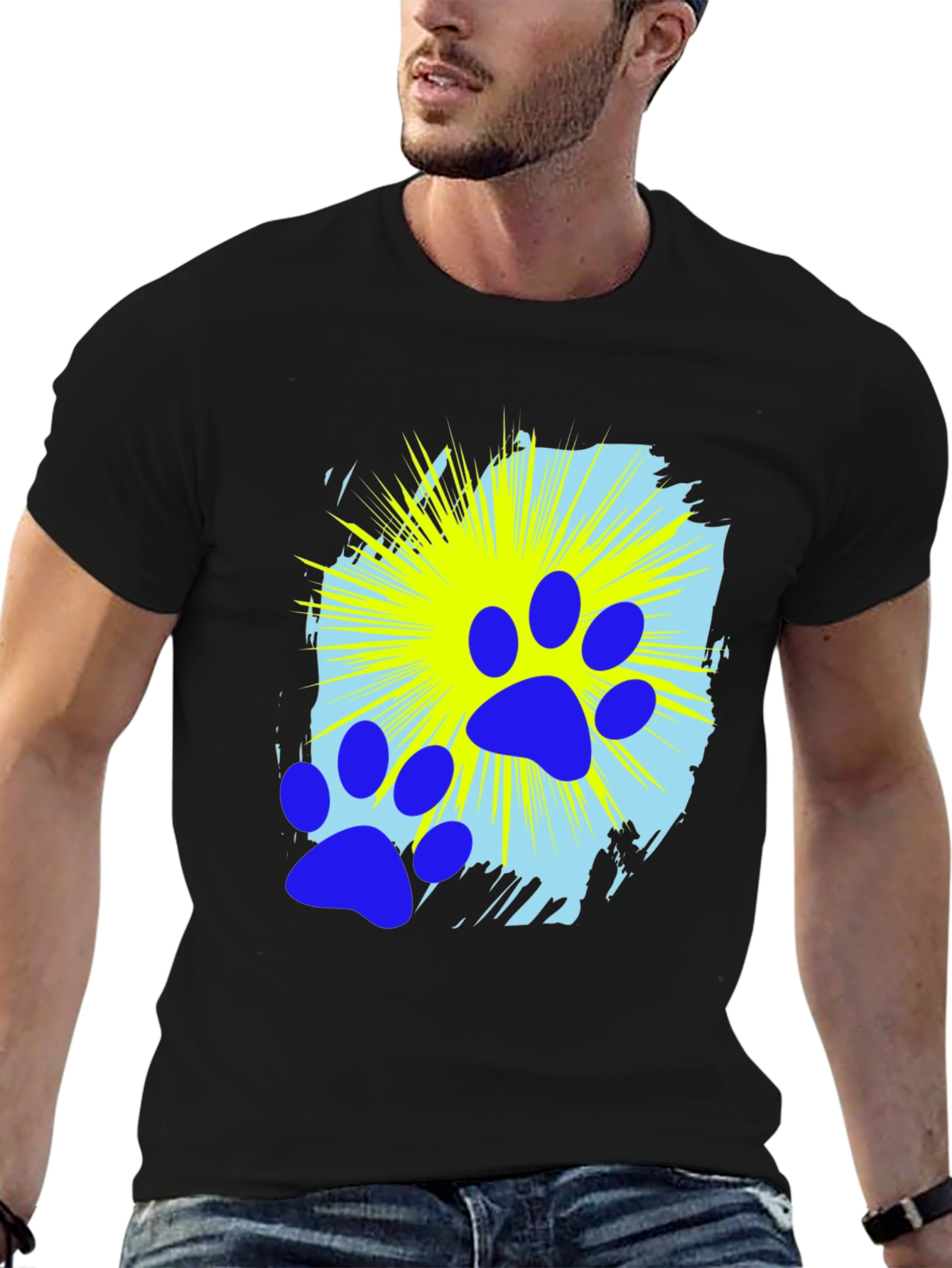 Blue Paw Print Graphic Black T-Shirt