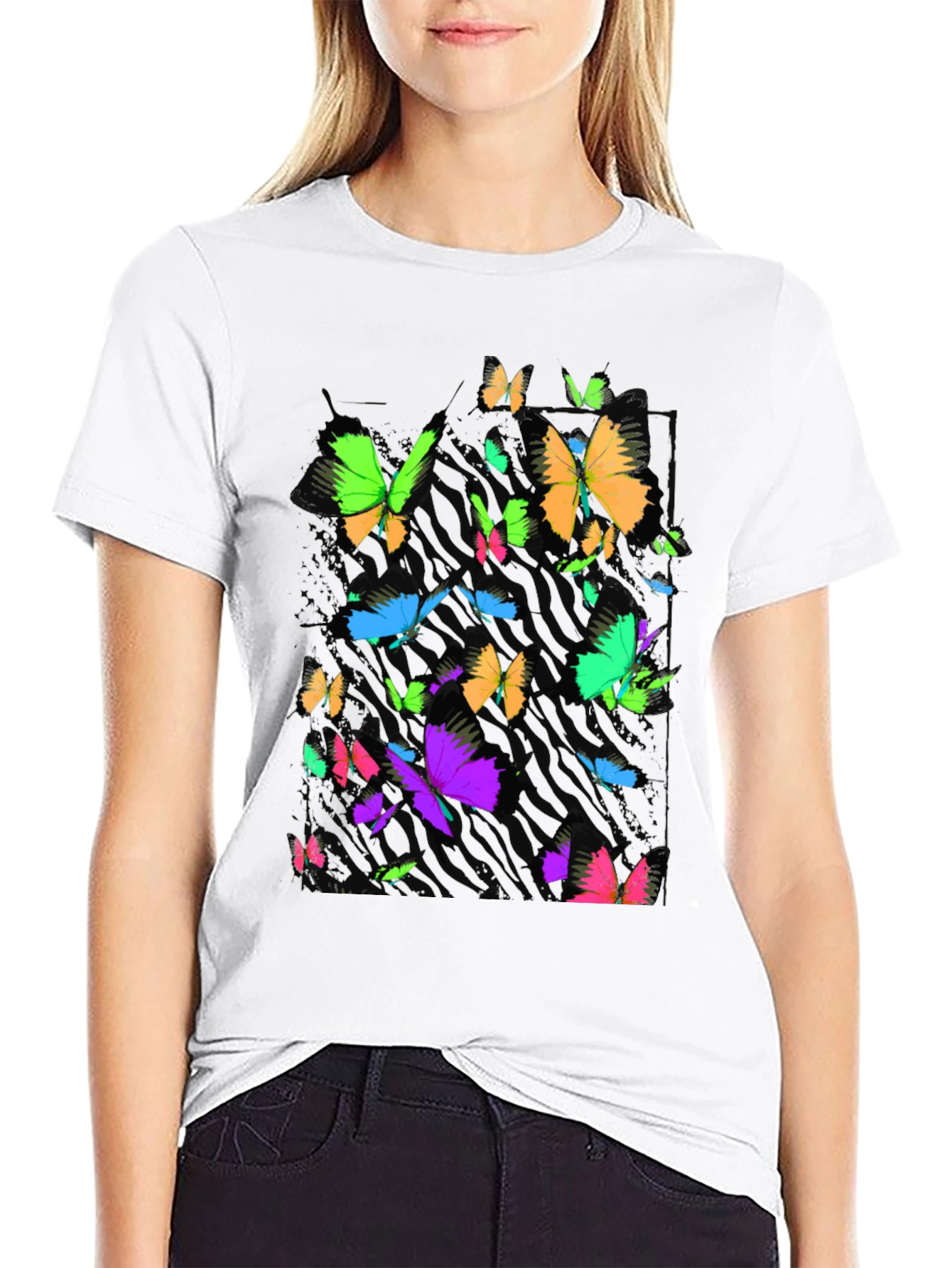 Vibrant Butterfly Graphic Black T-Shirt
