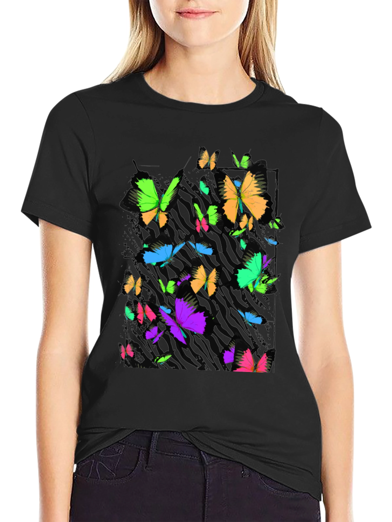 Vibrant Butterfly Graphic Black T-Shirt