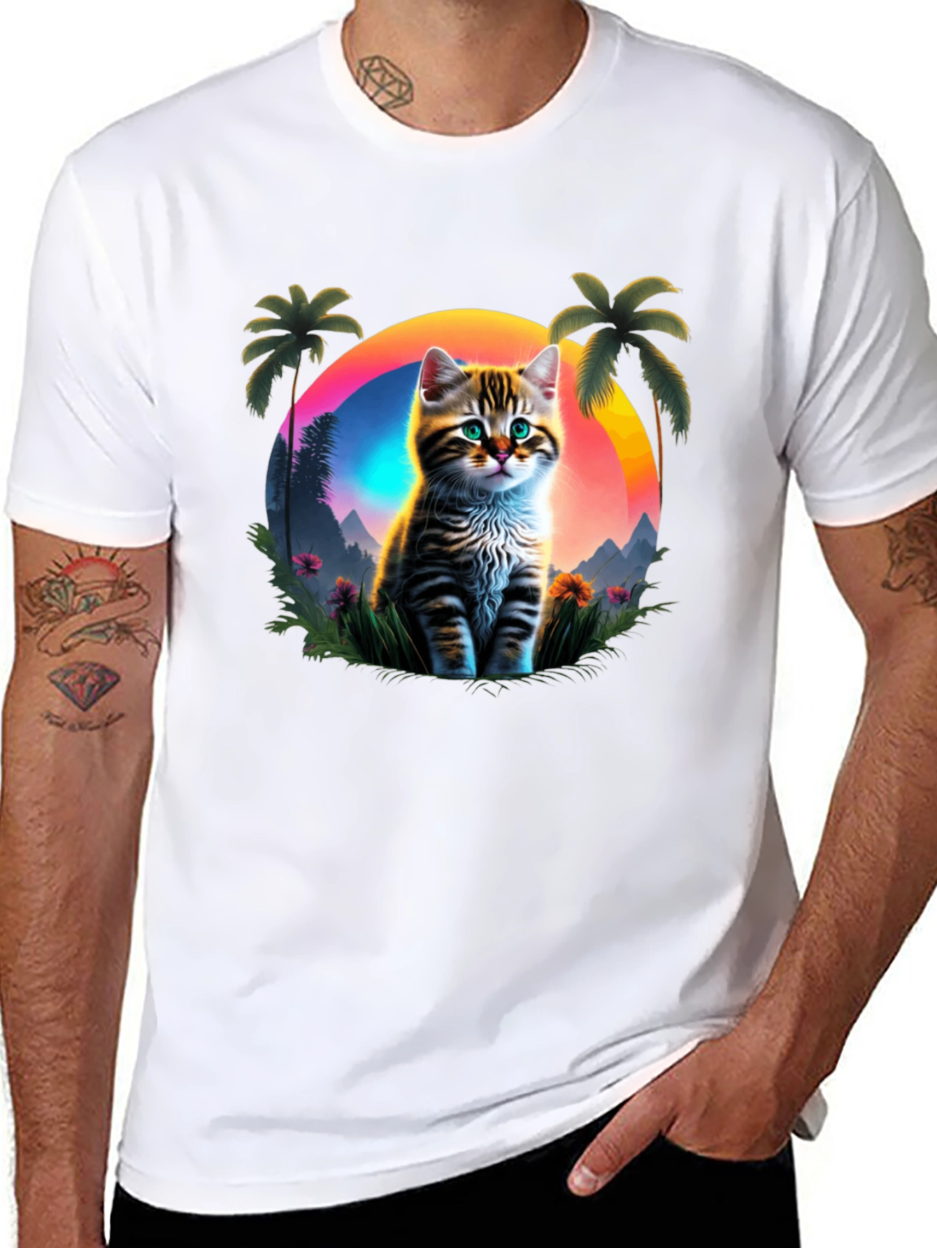Cat Sunset Graphic Tee - Tropical Vibes