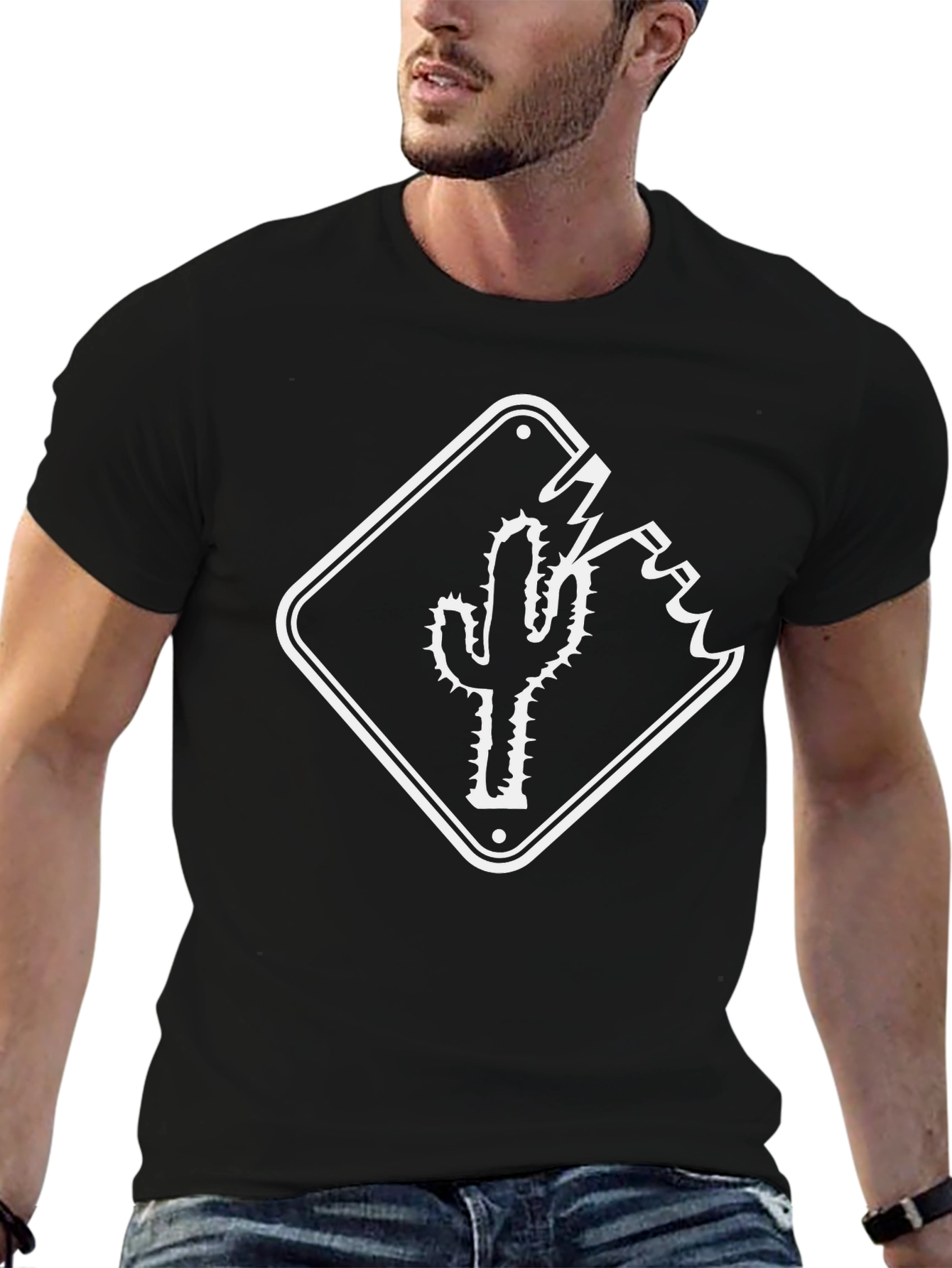 Cactus Road Sign Graphic Tee - Black Cotton T-Shirt