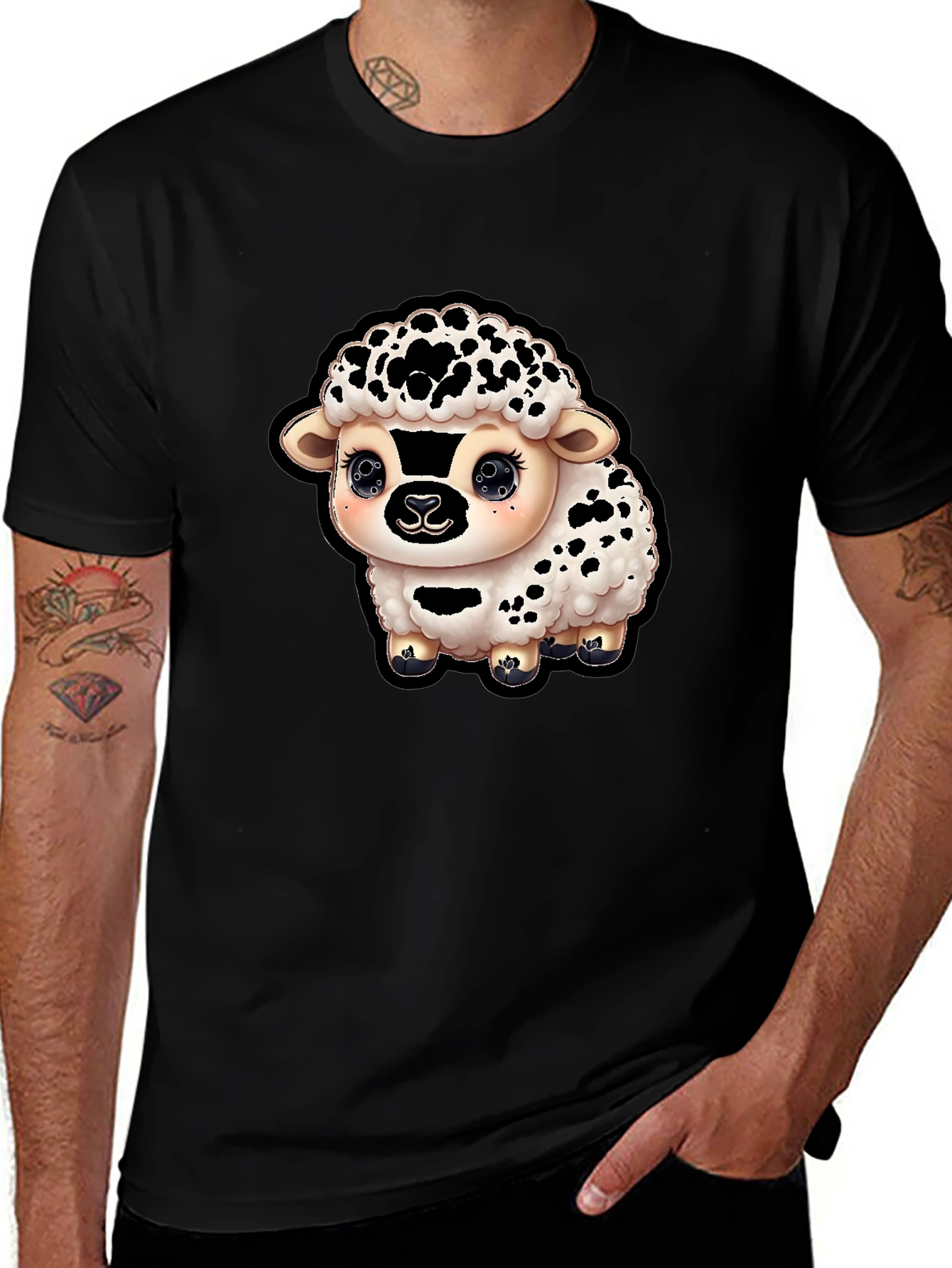 Cute Sheep Graphic T-Shirt - Black Cotton Blend