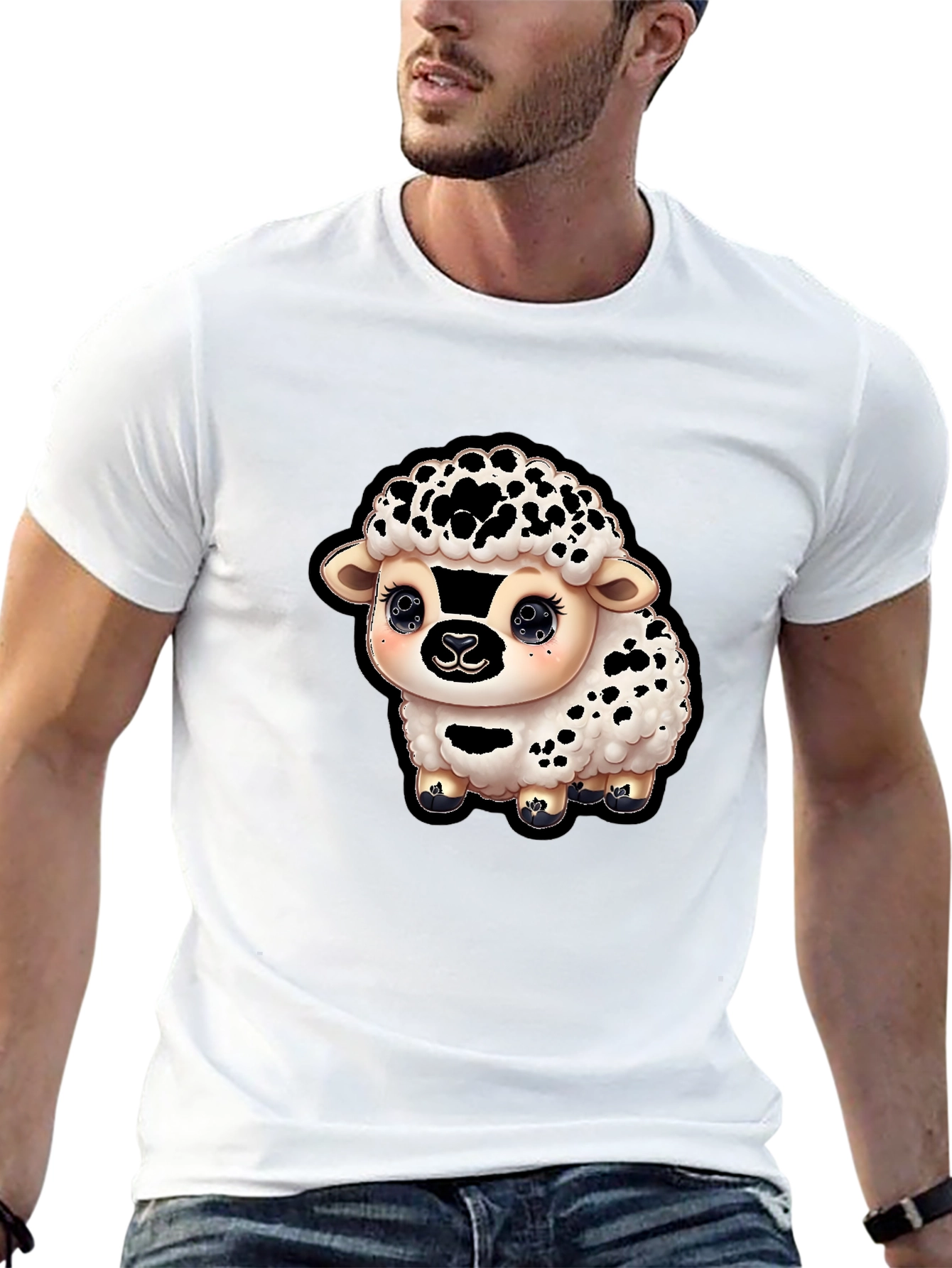 Cute Sheep Graphic T-Shirt - Black Cotton Blend