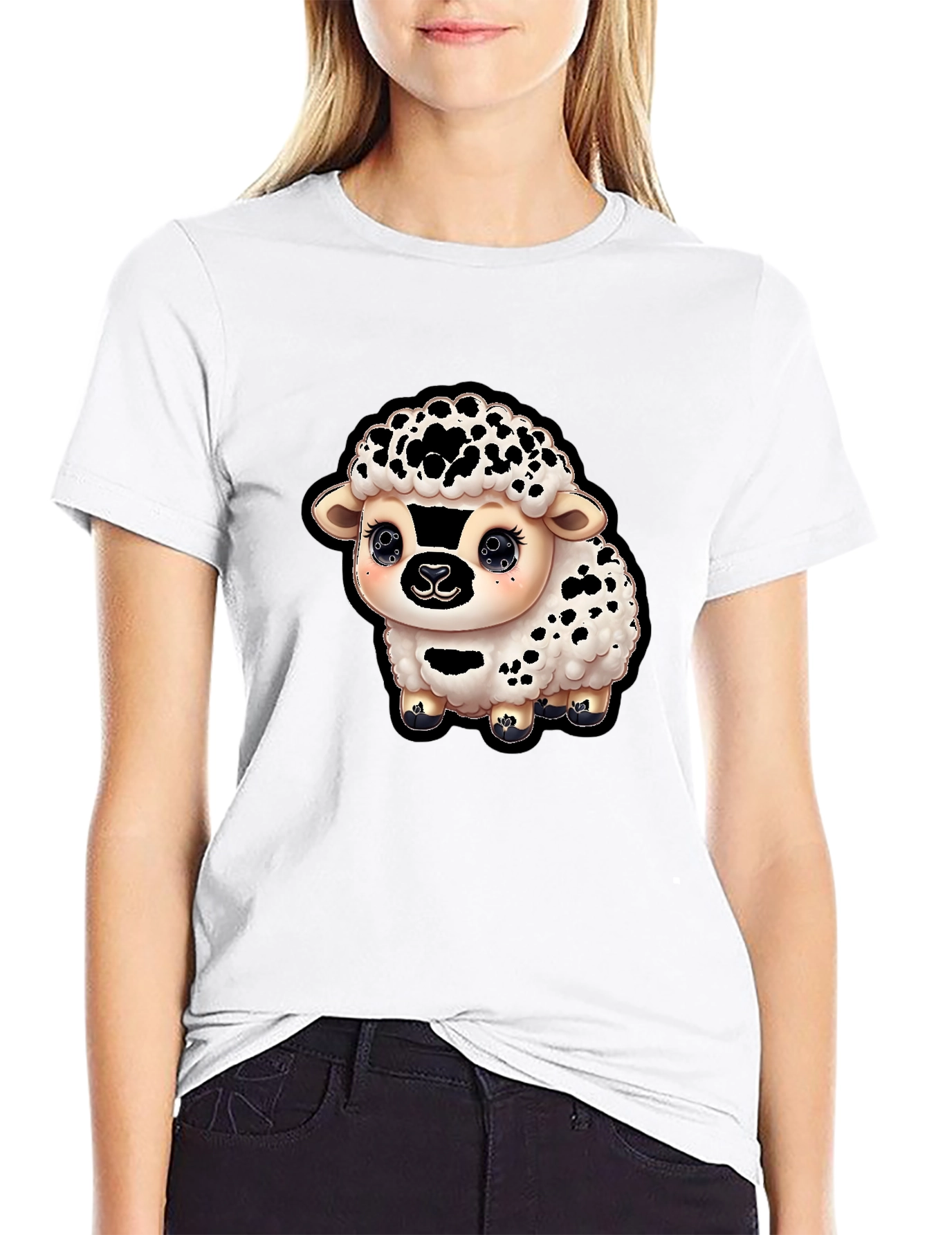 Cute Sheep Graphic T-Shirt - Black Cotton Blend