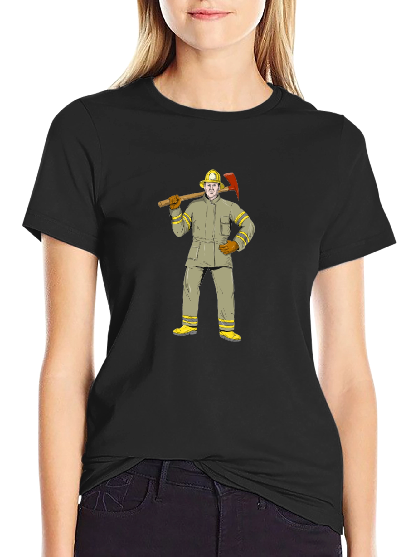 Firefighter Cartoon Graphic T-Shirt - Black