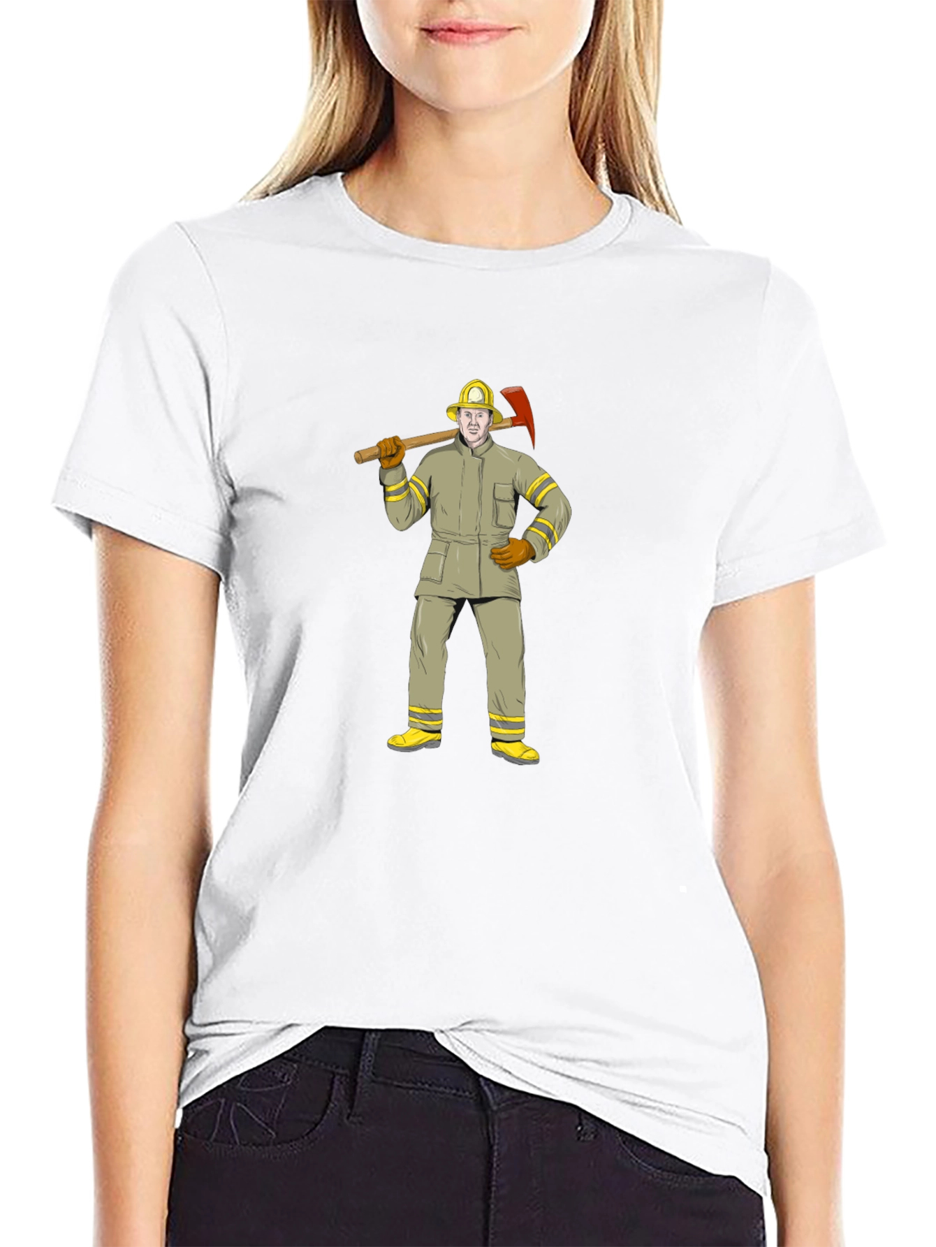 Firefighter Cartoon Graphic T-Shirt - Black