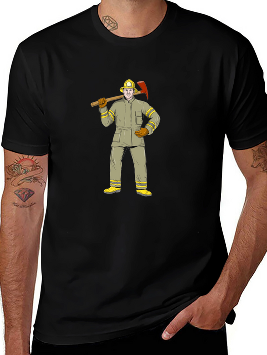 Firefighter Cartoon Graphic T-Shirt - Black