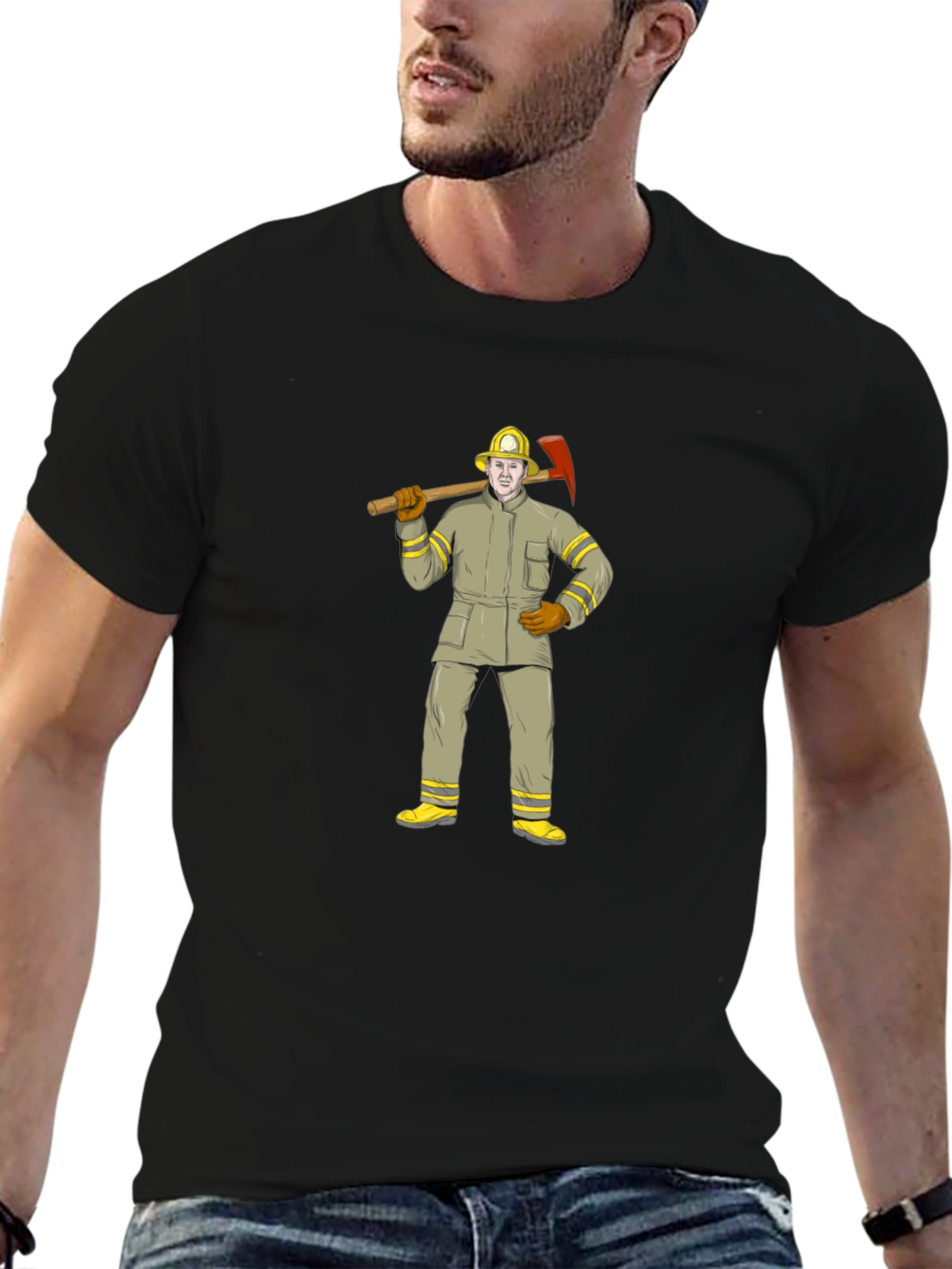Firefighter Cartoon Graphic T-Shirt - Black