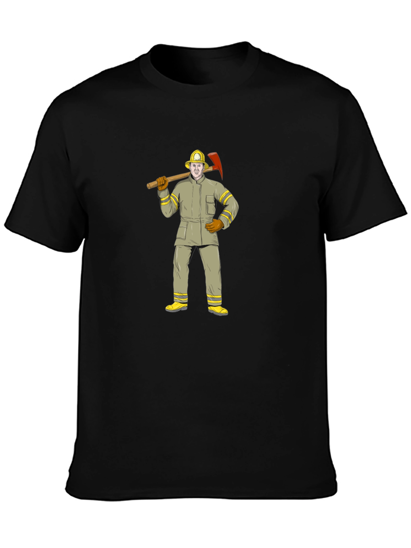 Firefighter Cartoon Graphic T-Shirt - Black
