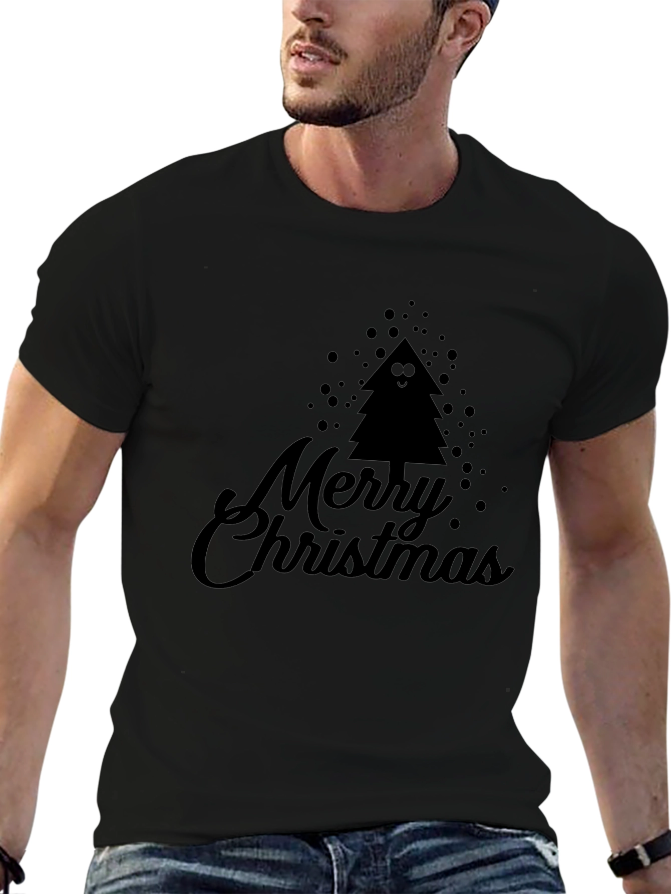 Merry Christmas Tree Graphic Black T-Shirt
