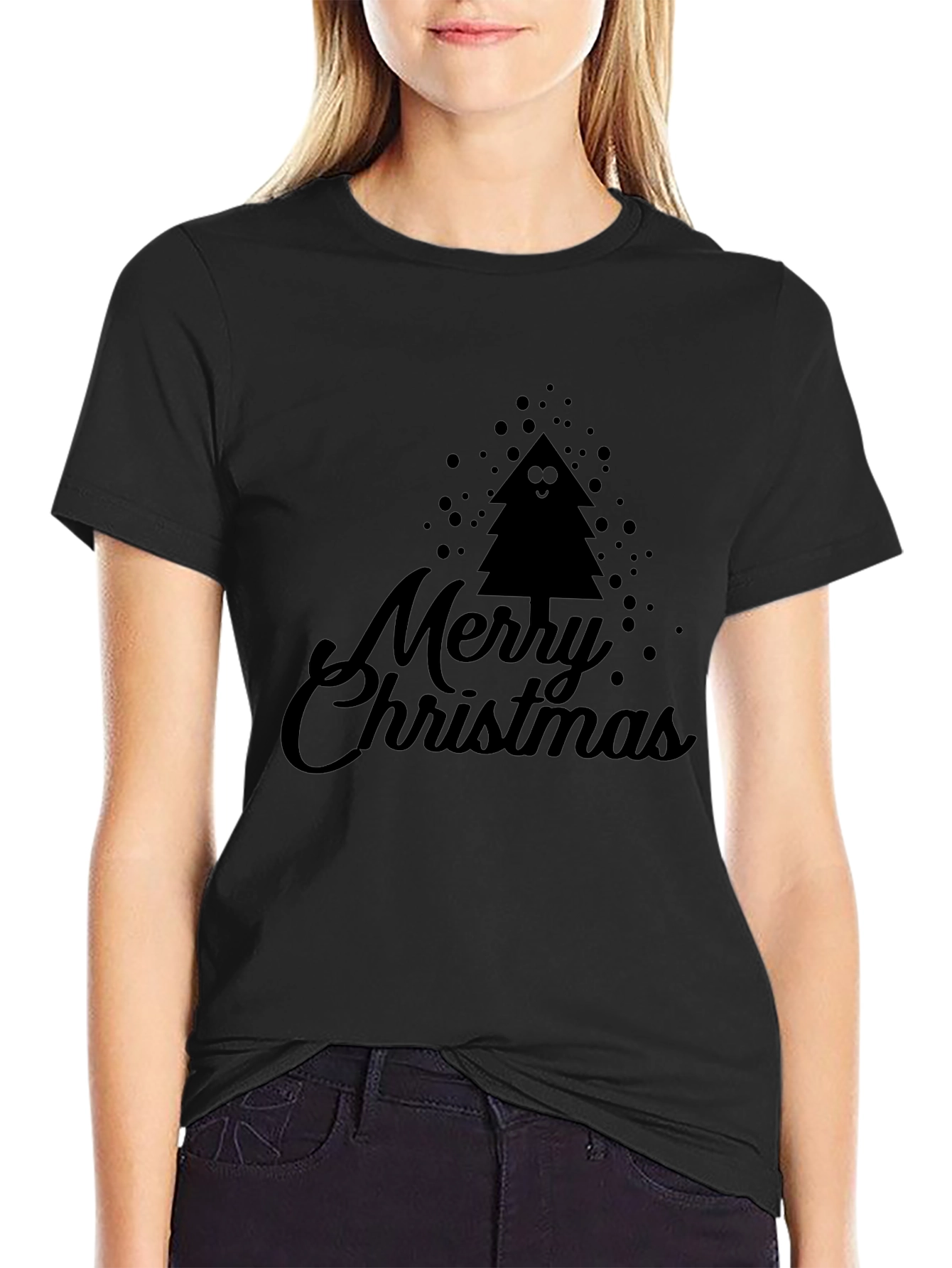 Merry Christmas Tree Graphic Black T-Shirt