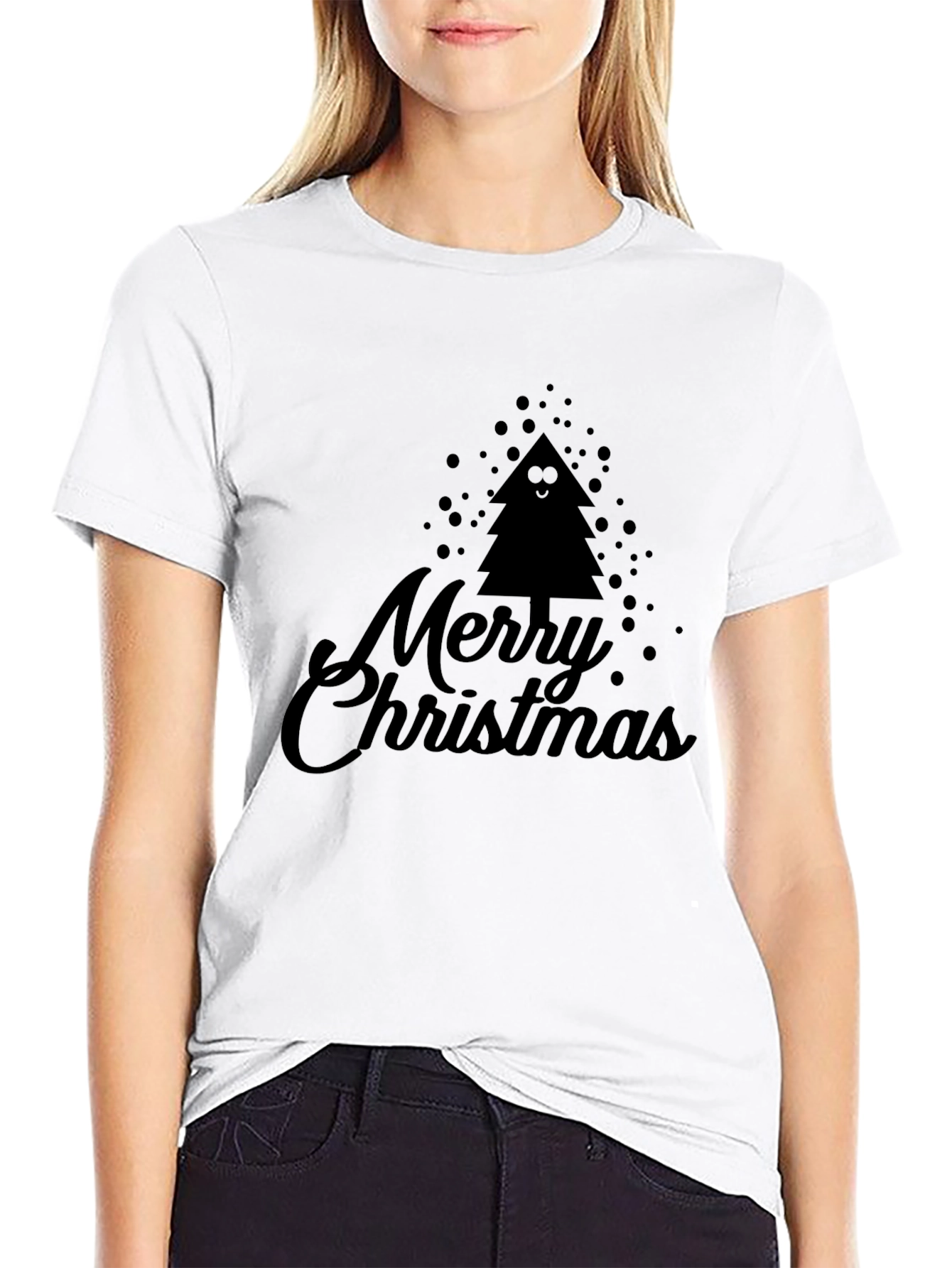 Merry Christmas Tree Graphic Black T-Shirt