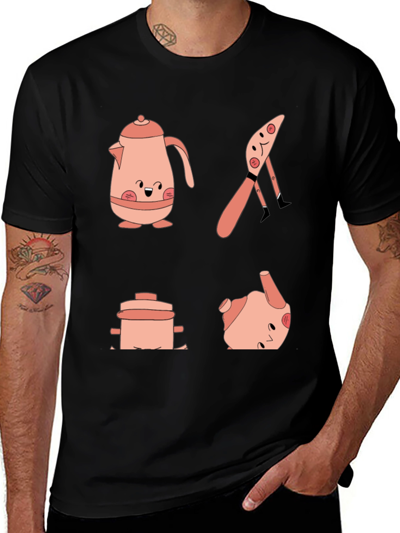 Whimsical Kitchen Friends Graphic Tee - Black