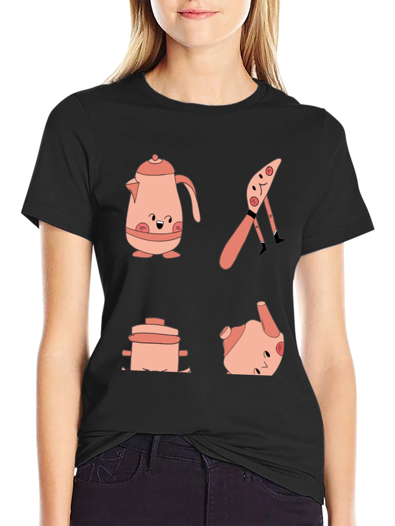 Whimsical Kitchen Friends Graphic Tee - Black