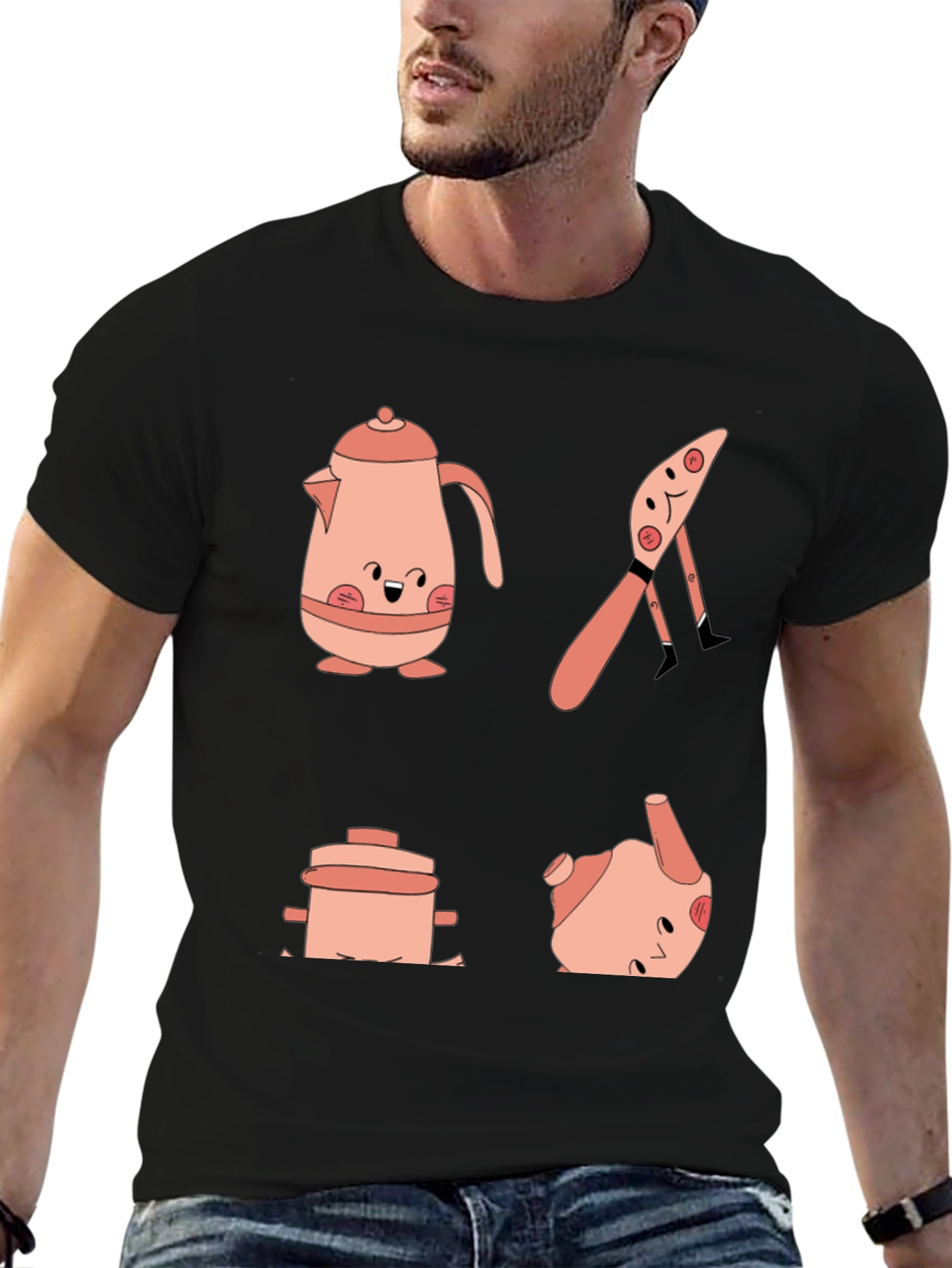 Whimsical Kitchen Friends Graphic Tee - Black