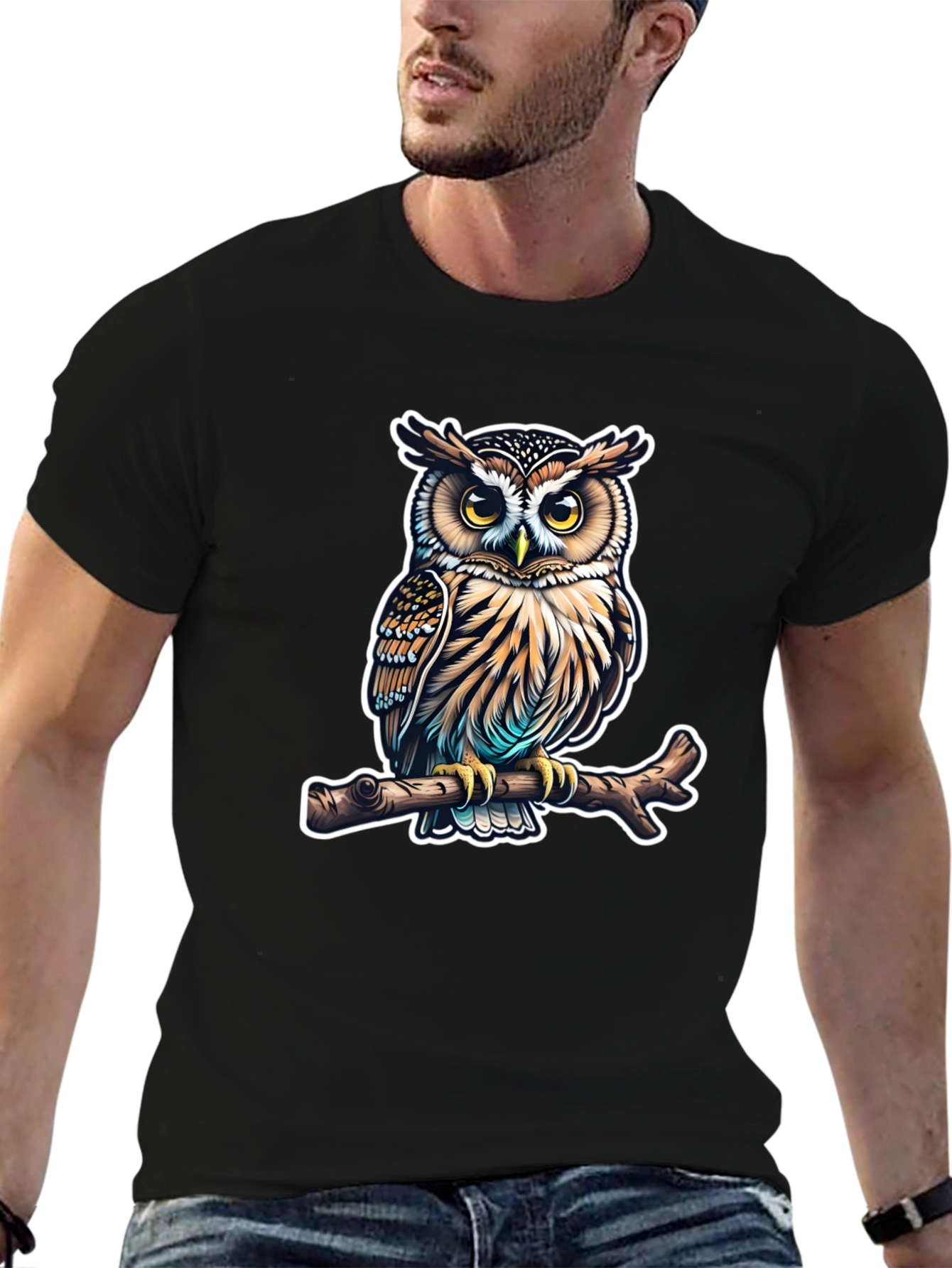 Owl on Branch Graphic Tee - Mens Black T-Shirt