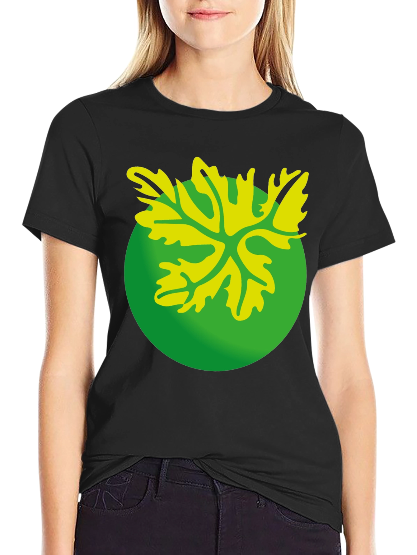 Green Leaf Graphic Black T-Shirt