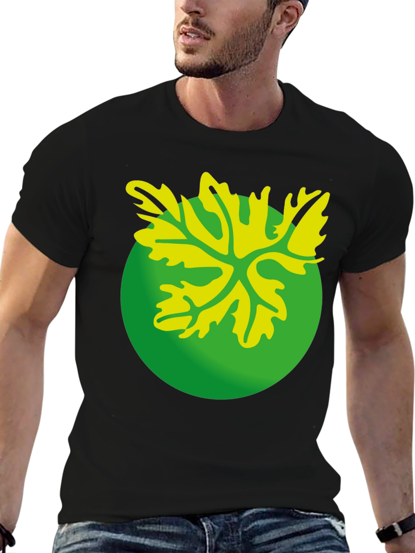 Green Leaf Graphic Black T-Shirt