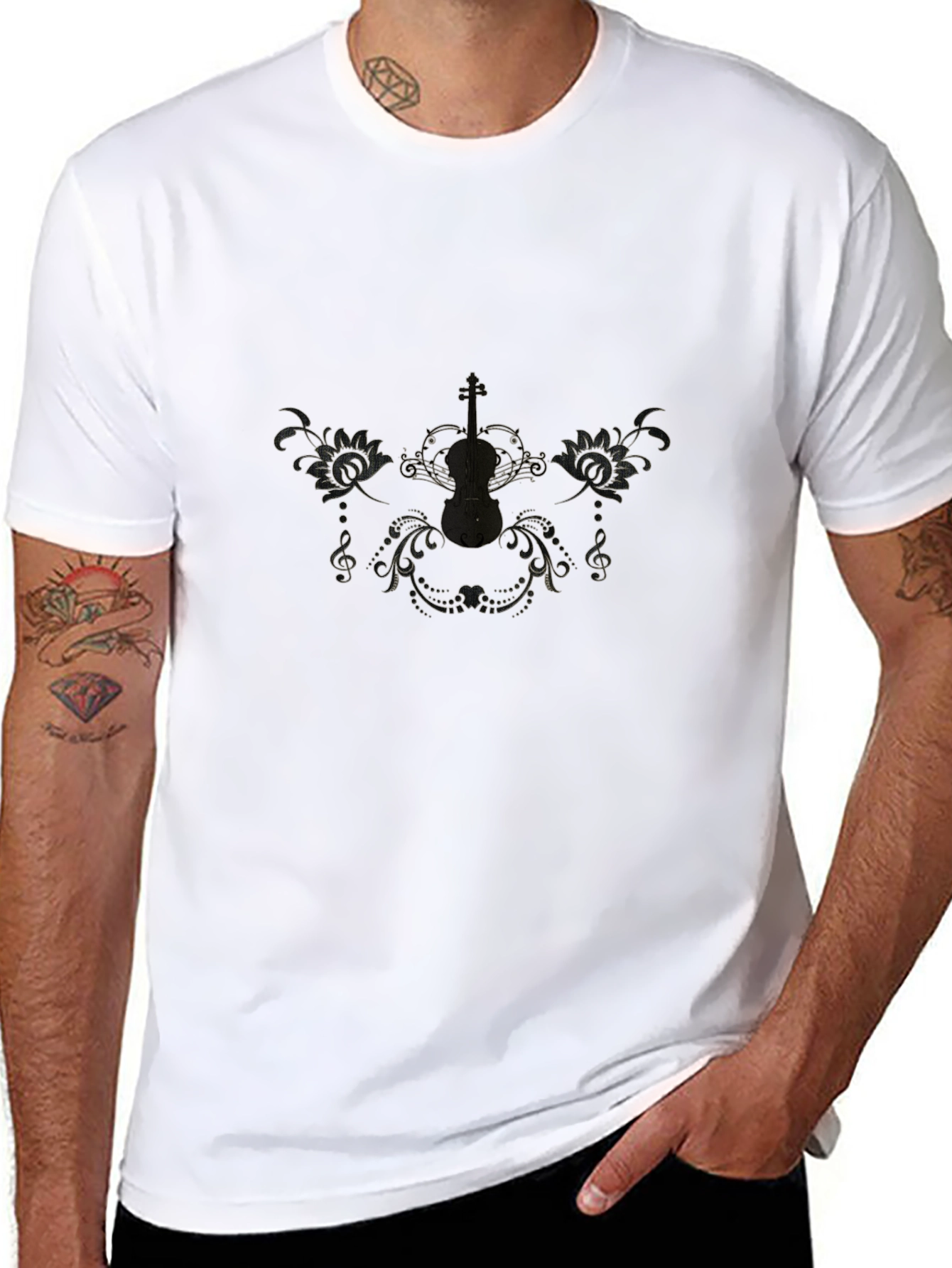 Elegant Black T-Shirt with Musical Design
