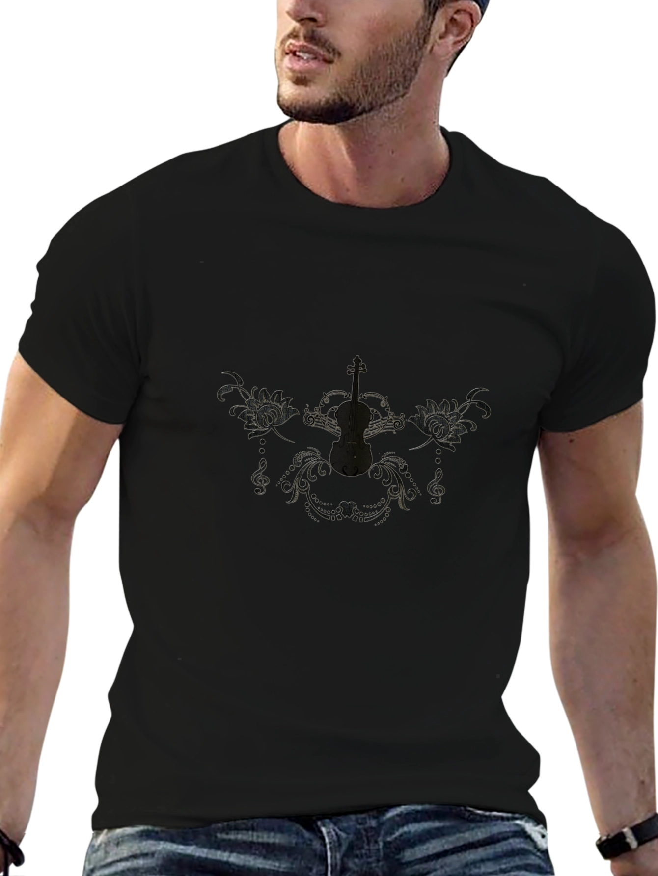Elegant Black T-Shirt with Musical Design