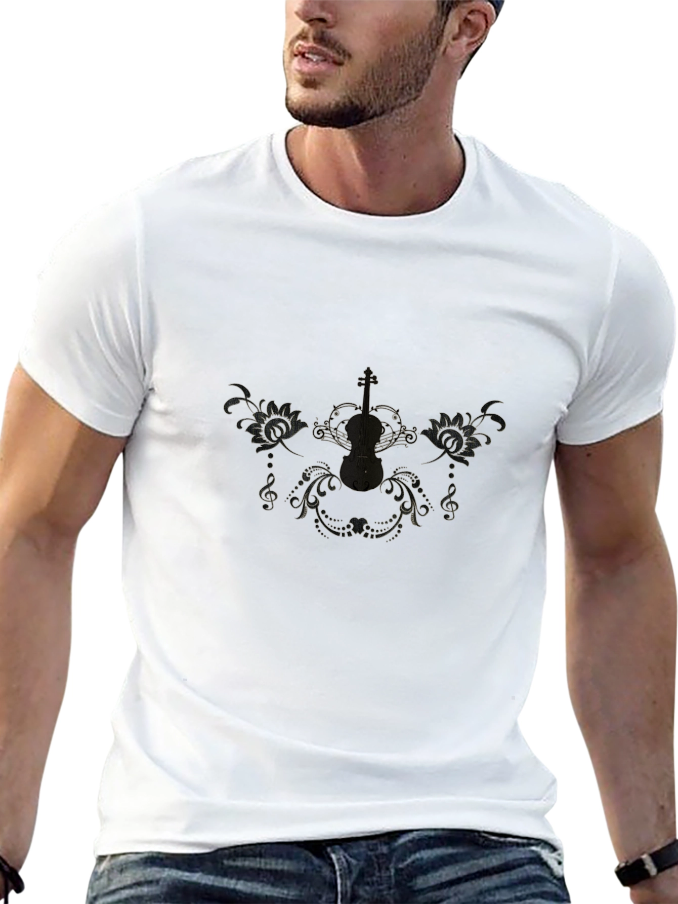 Elegant Black T-Shirt with Musical Design