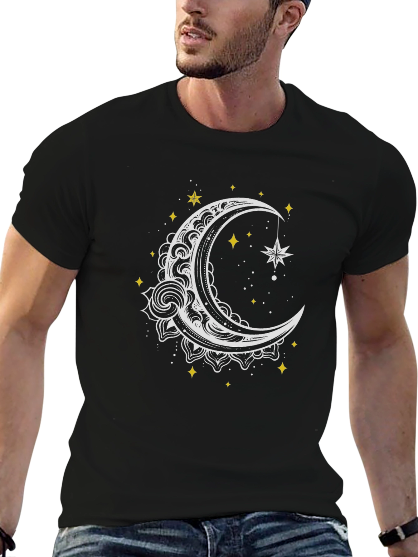 Celestial Moon and Star Graphic Tee - Black